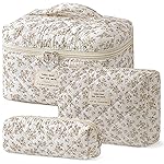 HBselect Quilted Makeup Bag, 3PCS Cotton Large Travel Makeup Bag, Cute Floral Coquette Make up Bag Cosmetic Bag Toiletry Bag for Women Girls