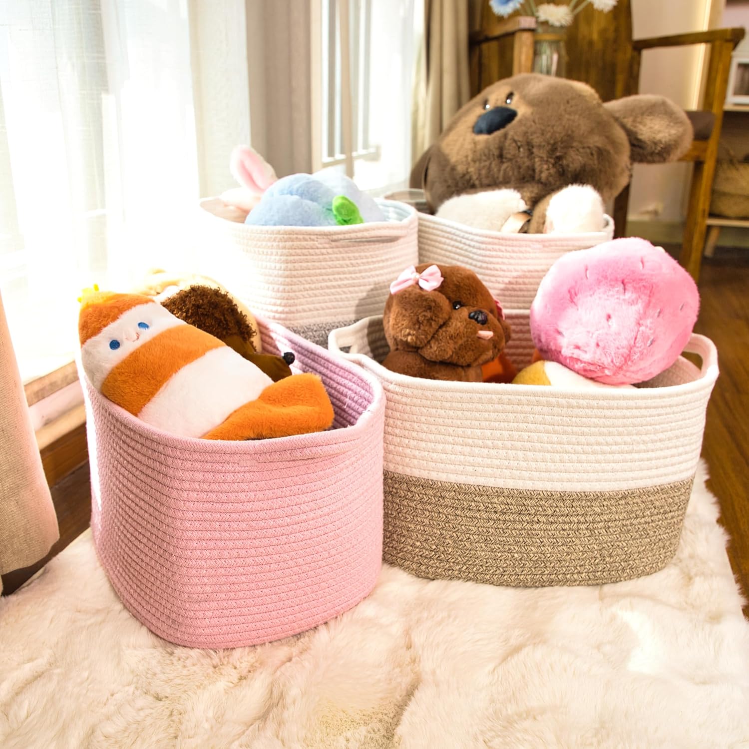 Medium Woven Storage Baskets for Mudroom, Cotton Rope Square Basket with Handle, Empty Gift Basket for Shelves, Shoes, Blankets, and Teens