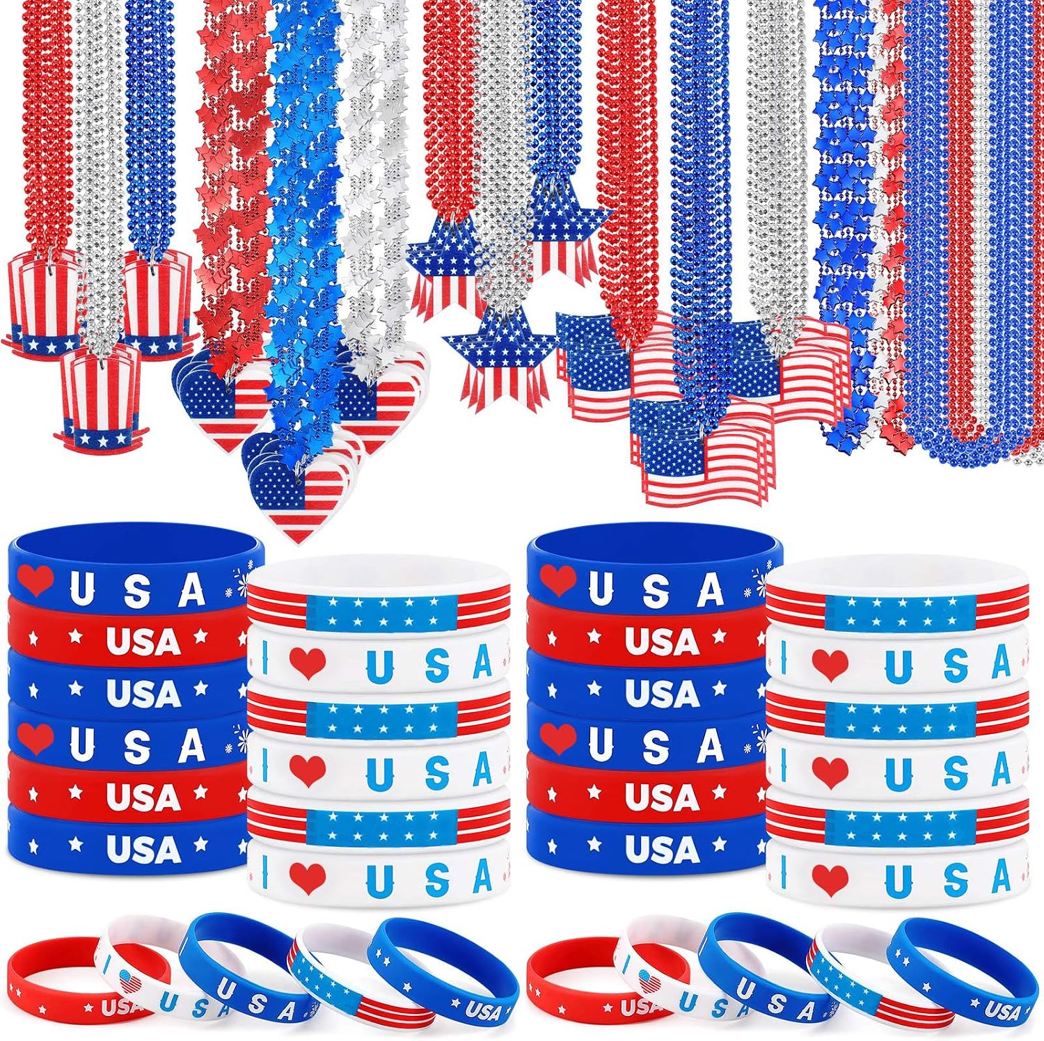300 Pieces Patriotic Bead Necklaces and Silicone Bracelets 4th of July Party Favors, 150 Pcs 4th of July Red White Blue Bead Necklaces and 150 Pcs Patriotic Bracelets for Memorial Day Independence Day
