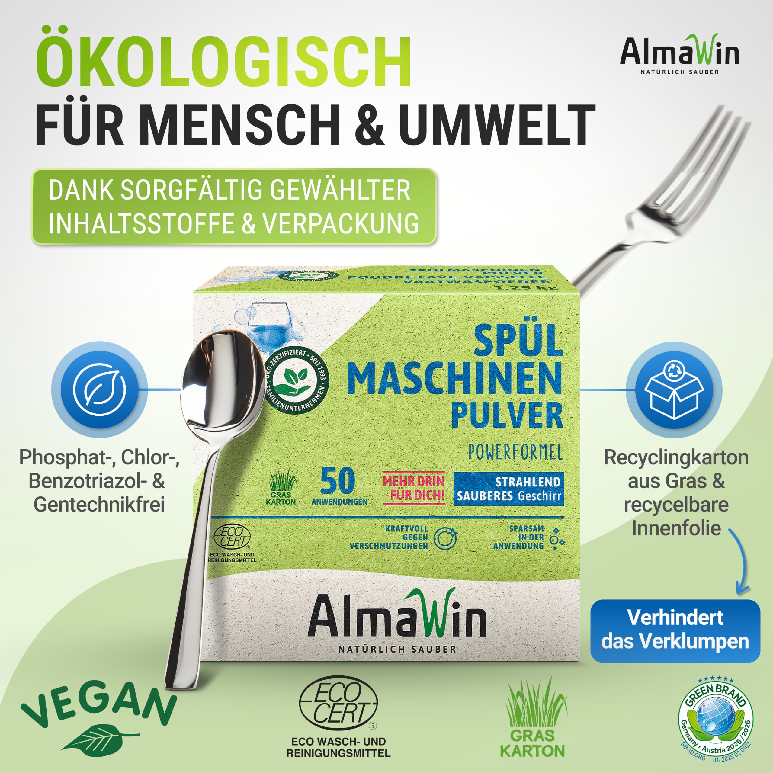 AlmaWin® Spülmaschinen Pulver mit Powerformel für strahlend sauberes Geschirr [6x 1,25kg - 300 Anwendungen] - Kraftvolles Geschirrspülmittel Pulver - Ohne Phosphate, Öko & VEGAN, Dishwasher Powder