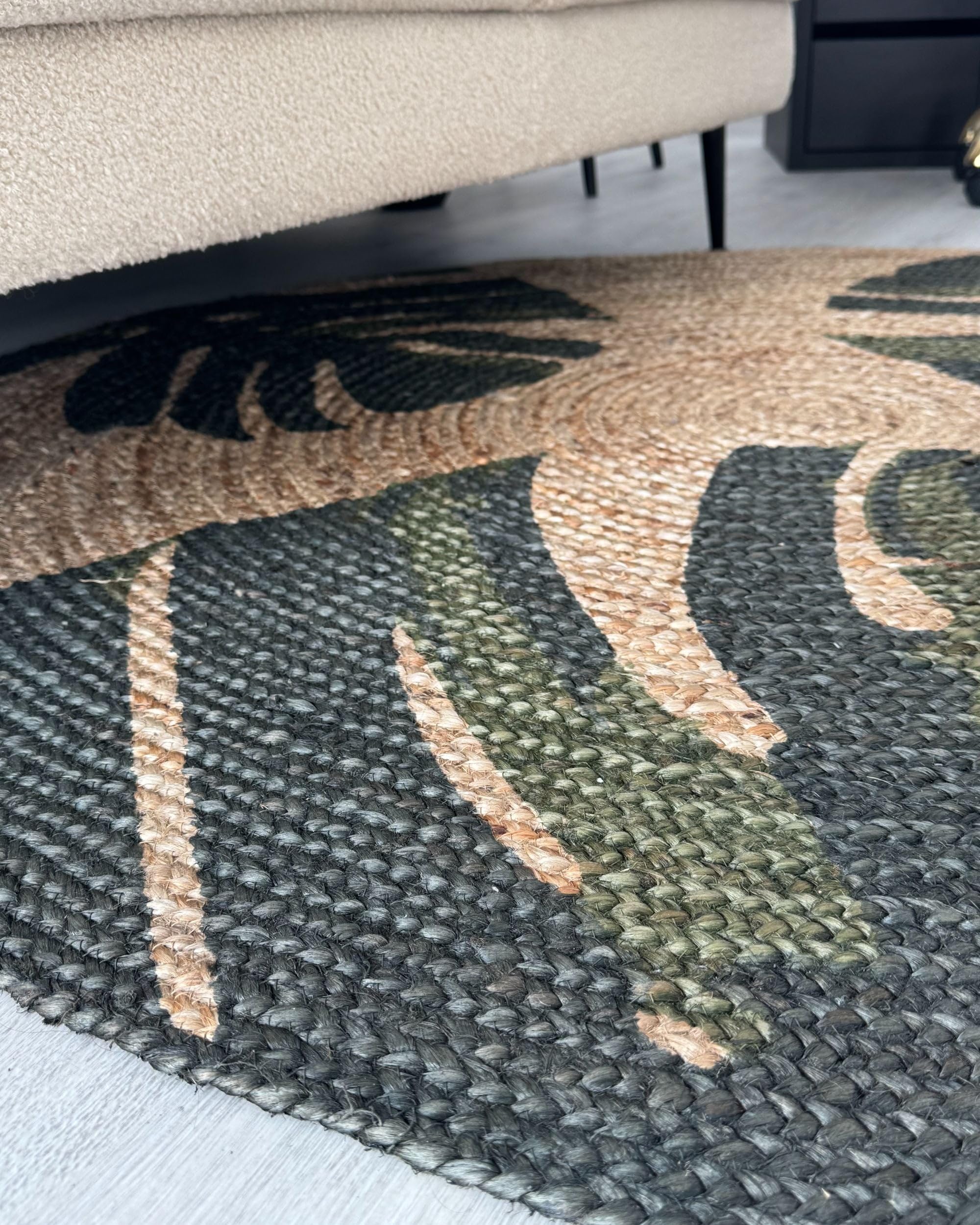 Alfombra redonda de yute verde 140 cm salón dormitorio hoja tropical monstera decorativa Incik