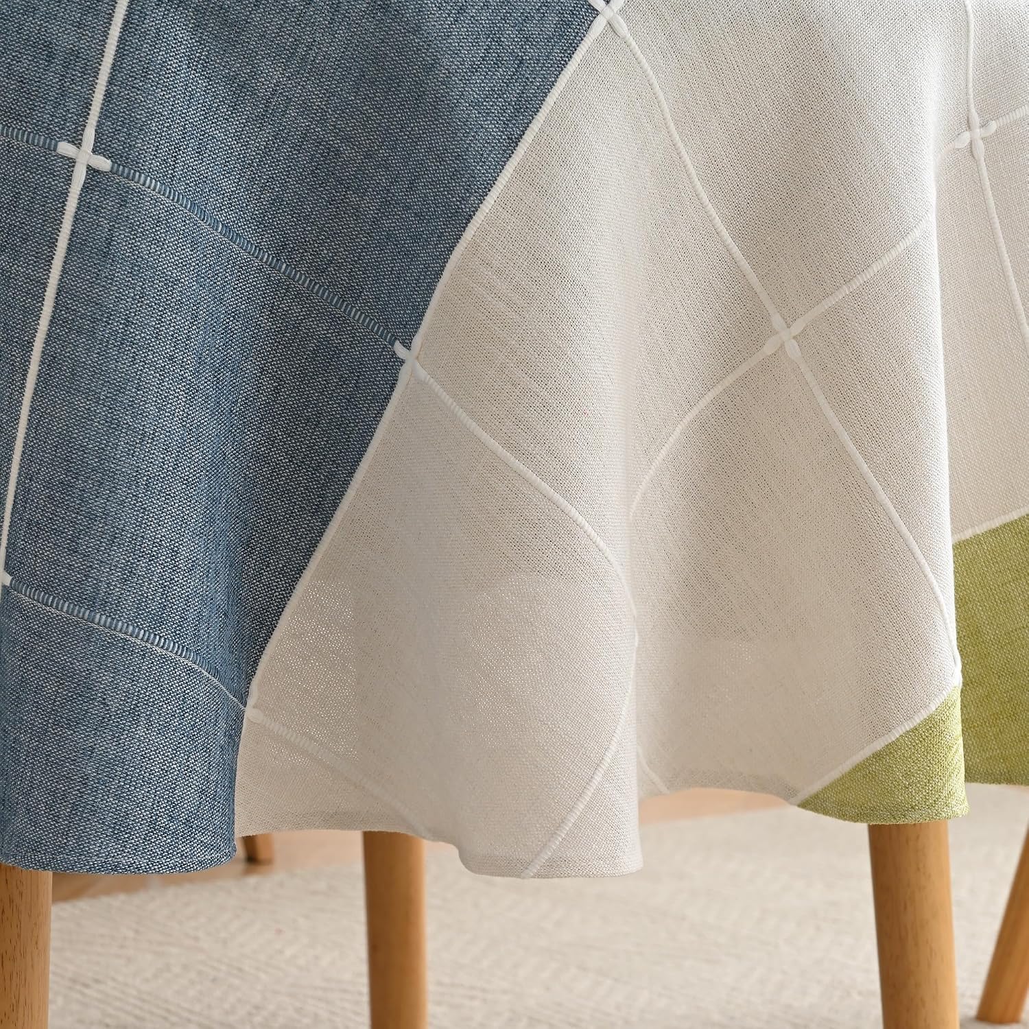 Lattice Embroidery Plaid Round Tablecloth, Heavy Duty Cotton Linen Fabric Wrinkle Resistant Round Table Cloth Cover for Home Kitchen Dining Party Decor, Round 48 Inch, Green/Blue