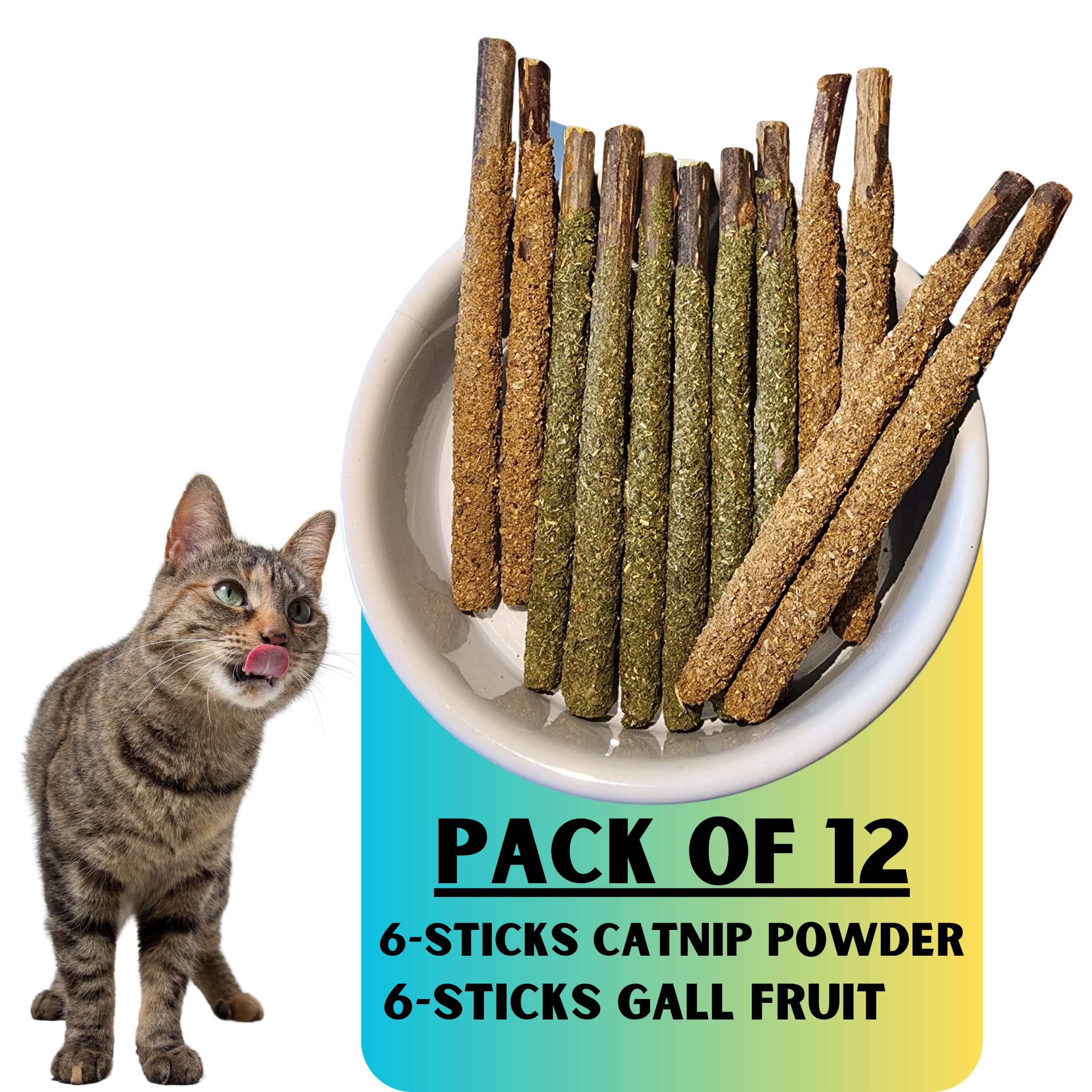 Catnip Silvervine Sticks For Cats | Cat Chew Stick | Cat Nip Chew For Cats | Cat Teeth Cleaning | Cat Teething Toys | 6 Sticks Gall Fruit 6 Sticks Catnip Powder | Aggressive Chewers Cat Dental Toy