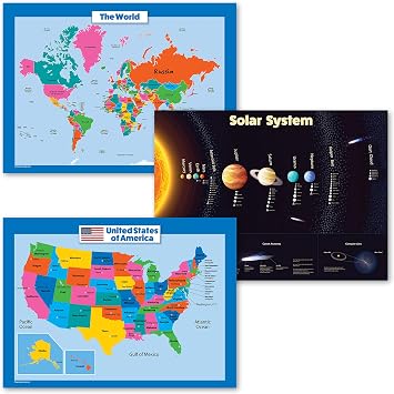 3 Pack - USA & World Map for Kids + مجموعة ملصقات النظام الشمسي LAMINATED، 18 "X 24"