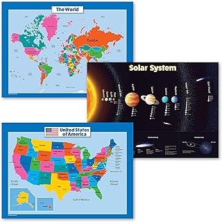 3 Pack - USA & World Map for Kids + Solar System Poster Set (LAMINATED, 18" X 24")