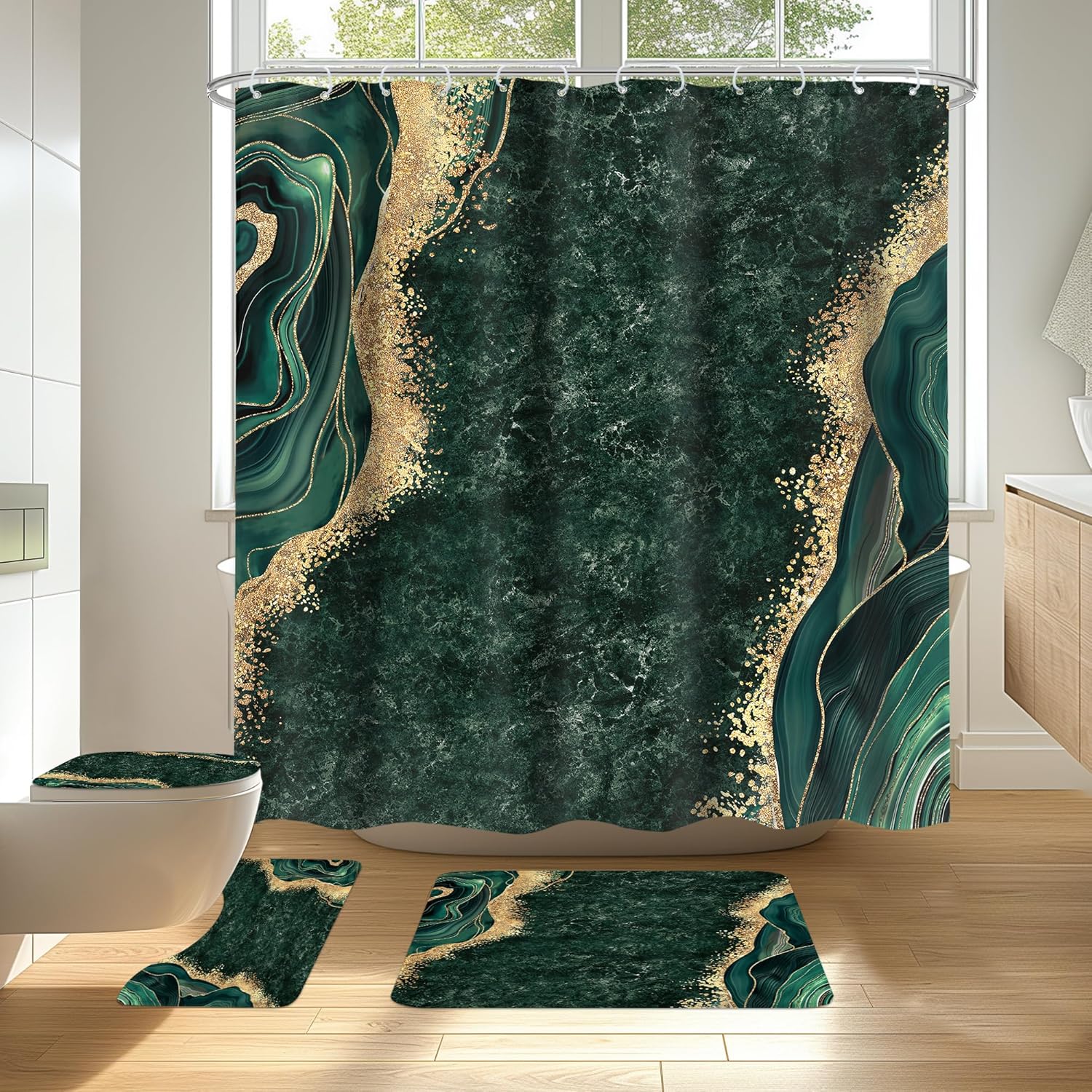 Omifly Emerald Green Marble Shower Curtain Sets 4Pcs Abstract Modern Veins Luxury Gold Fluid Texture Aesthetic Bathroom Decor Set with 12 Hooks, Rugs and Accessories with Bath Mat and Toilet Lid Cover