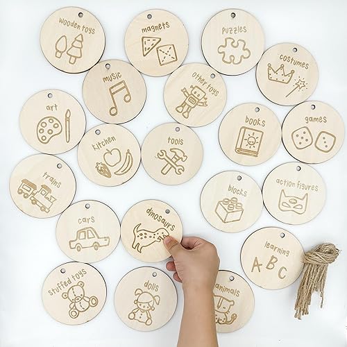 Miniatura 2 de Etiquetas de almacenamiento de juguetes de madera, cuerda de yute natural. 20 diseños únicos de etiquetas de madera para canasta tejida.
