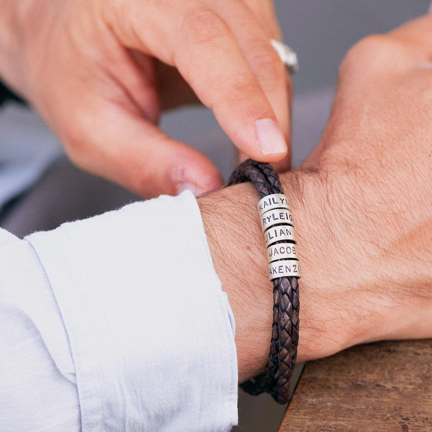 MyNameNecklace Personalized Braided Leather Bracelet with Silver or Gold Beads for Him, Men - Custom Gift for Father's Day - Genuine Leather - Engraved Sterling Silver or 14K Solid Gold Beads