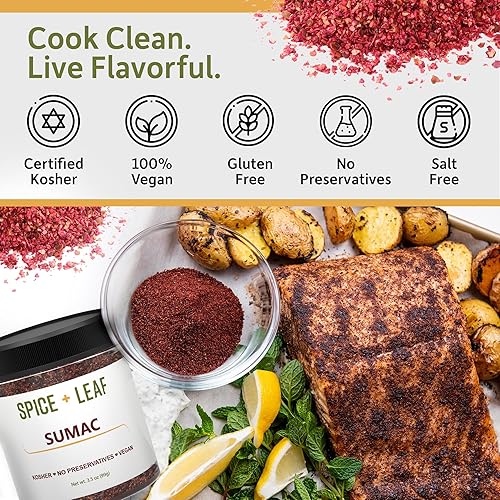Miniatura 4 de SPICE + LEAF - Especias de zumaque molido prémium – Hierba molida vegana kosher sin conservantes roja de Oriente Medio, 3.5 onzas