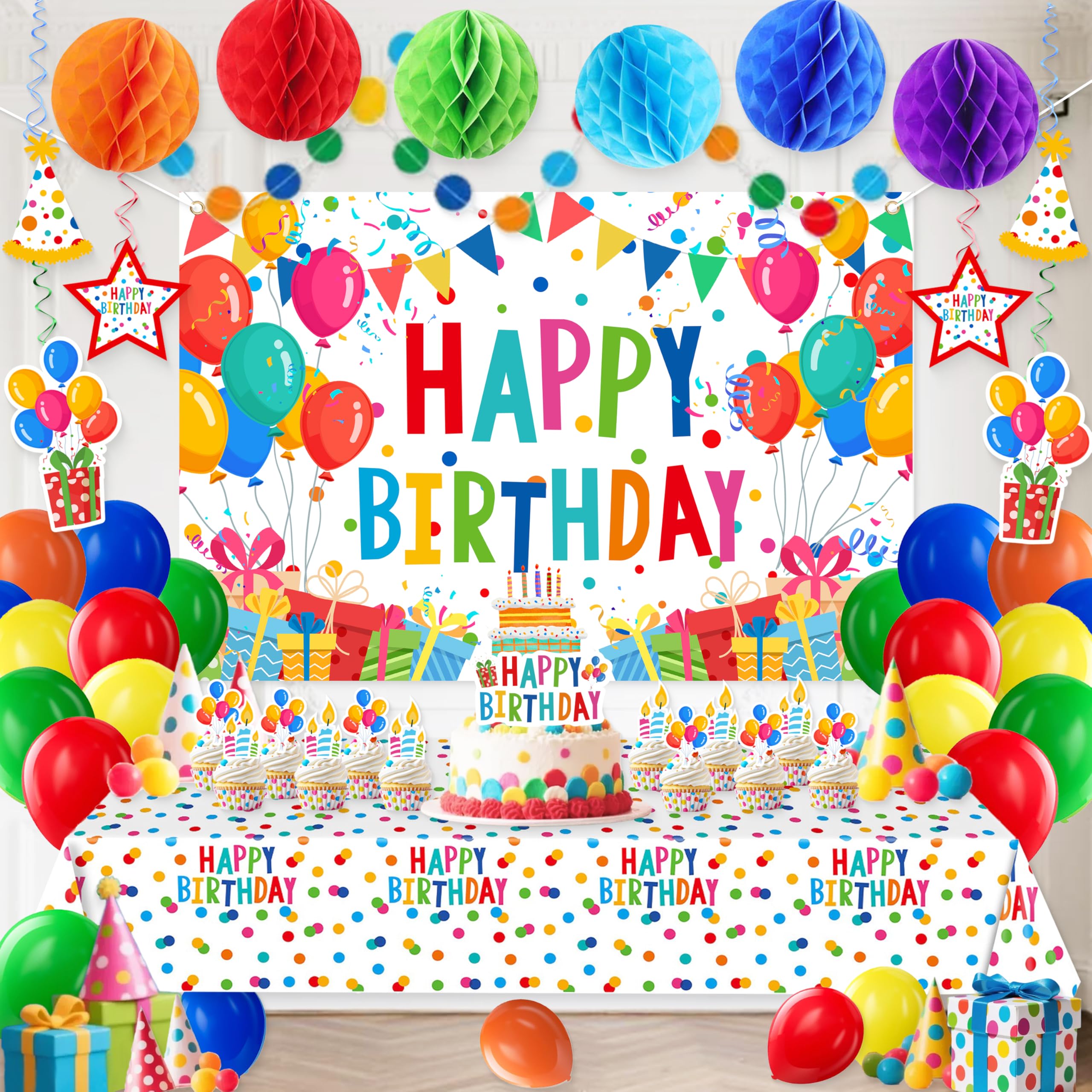 Happy Birthday Decorations For Women Men,Birthday Backdrop,Banner Balloons,Table Cloth,Paper pom poms Party Supplies for Girls Boys (Colorful)