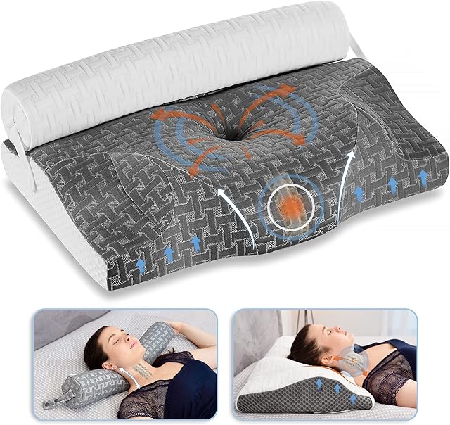 Elviros Cervical Memory Foam Pillow for Neck Pain Relief, Contour Orthopedic Roll Traction Pillows for Side Sleeping, 3 in 1 Ergonomic Support Spine Bed Pillow for Back and Stomach Sleeper Dark Grey