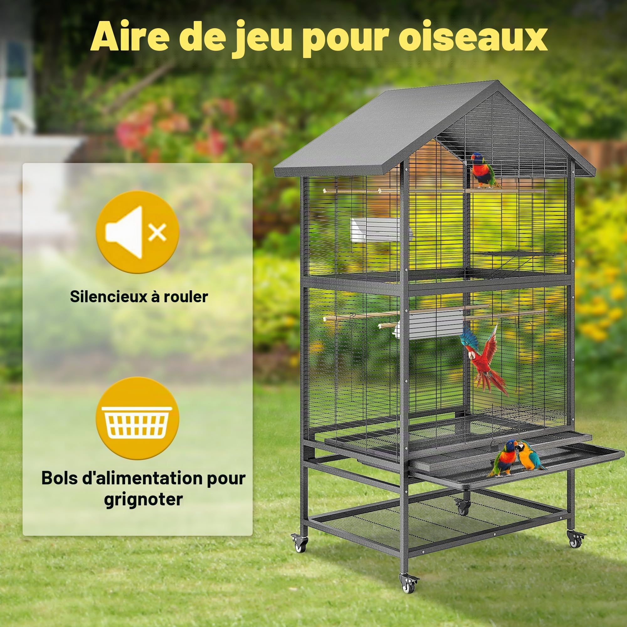 Grande cage à oiseaux en métal de 166 cm avec roues, 4 mangeoires en métal, perchoirs en bois et étagère
