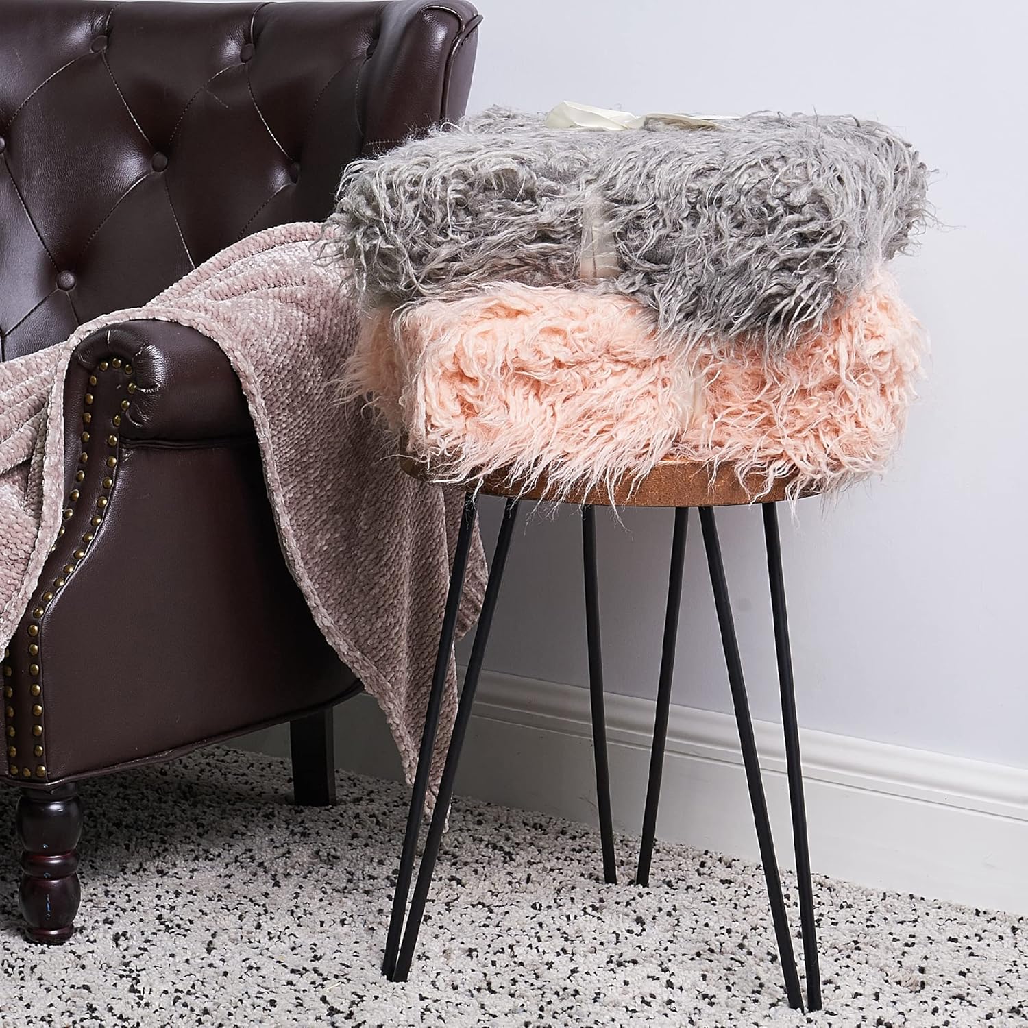 Mongolian Long Hair Faux Fur 50" x 60" Plush Throw Blankets with Two 20" x 20" Pillow Covers (NO Inserts) 3 Piece Set, Soft Luxury Furry Shaggy Throw with Micromink Back for Couch Bed, Gray