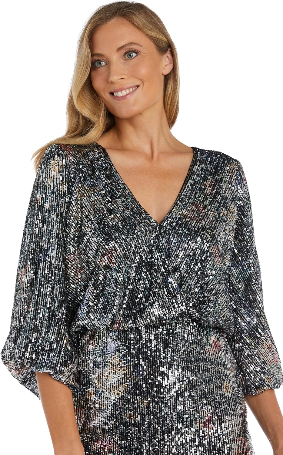 R&M Richards Elegant Beaded Blouson Wrap Dress W/Dolman Sleeves & Sequin Print - Black Multi, Knee-Length - Image 2