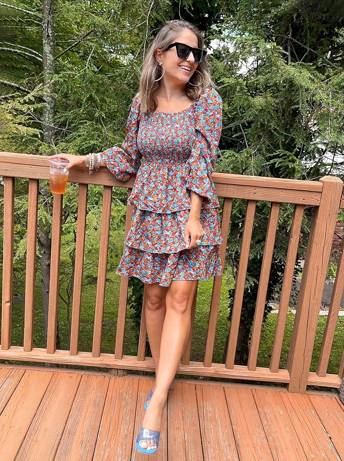 BTFBM Womens Long Sleeve Dress Vacation Square Neck Smocked Floral Swiss Dot Mini Boho Spring Wedding Guest Dresses 2026 - Image 4