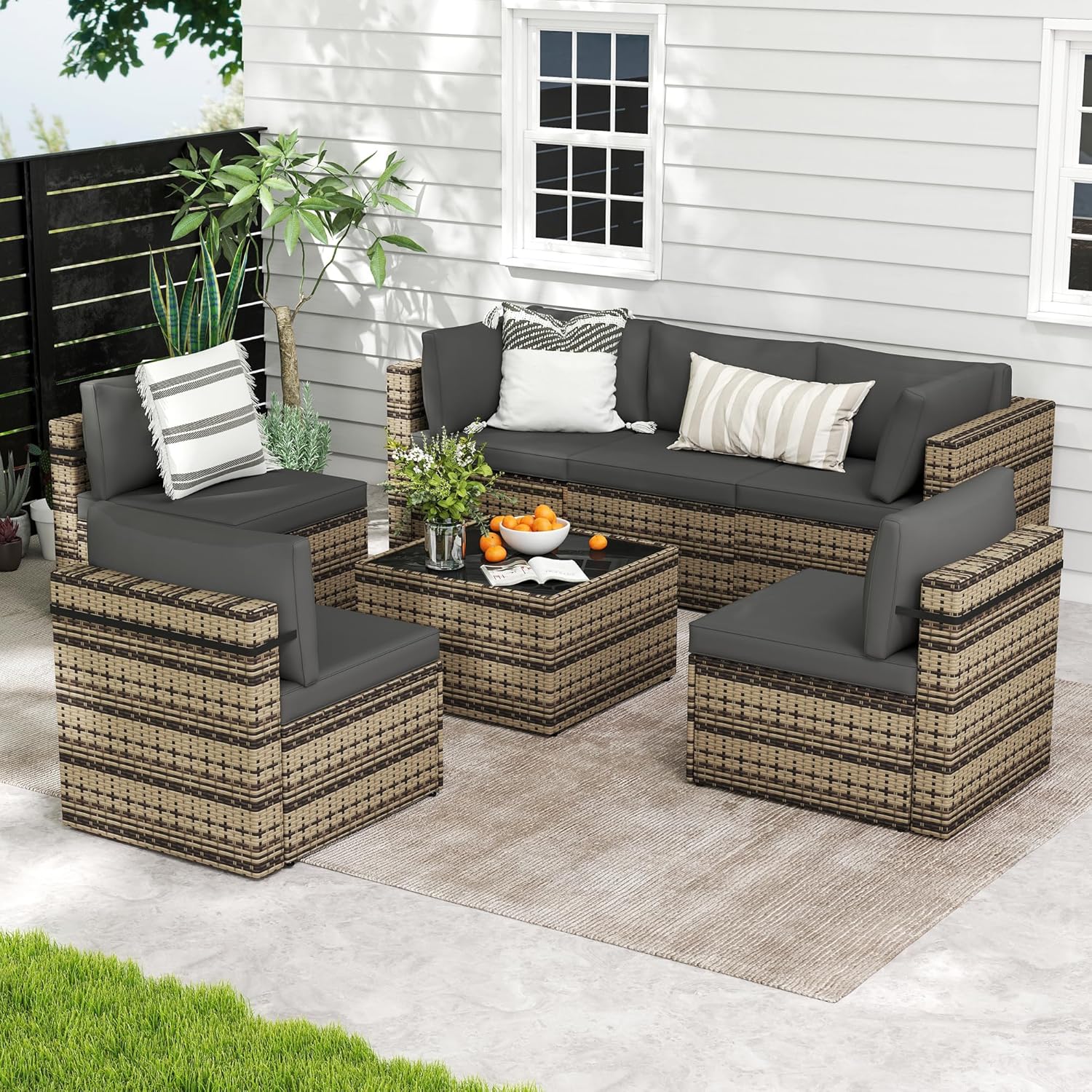 7-Piece Outdoor Sectional Sofa Set, Weather-Resistant Patio Furniture Set with Washable Cushions and Coffee Table, Brown Rattan Patio Conversation Set for Poolside, Backyard, Deck (Black)
