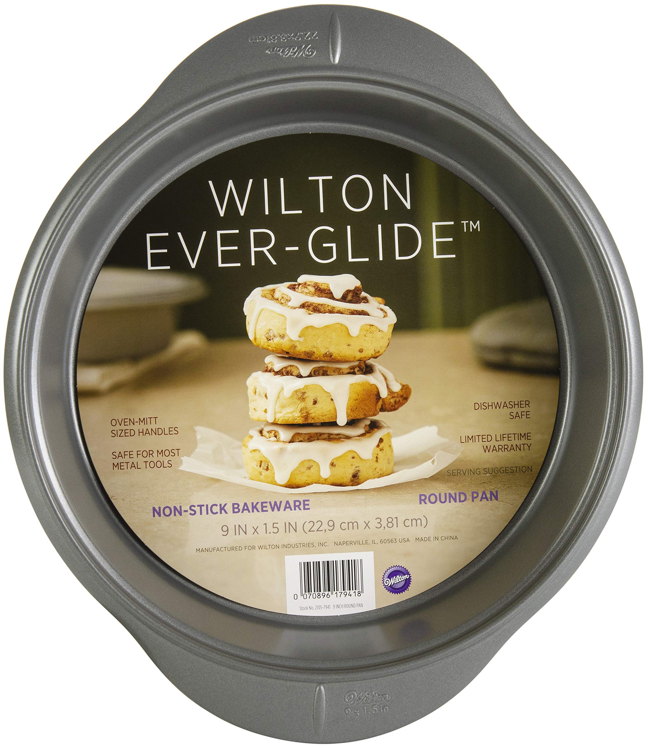 WiltonEver-Glide Non-Stick Round Pan - Bake Delicious Cinnamon Rolls, Coffee Cake, Round Cakes or Quiches, Handles for Easy Grip, Steel, 9 x 1. 5-Inches