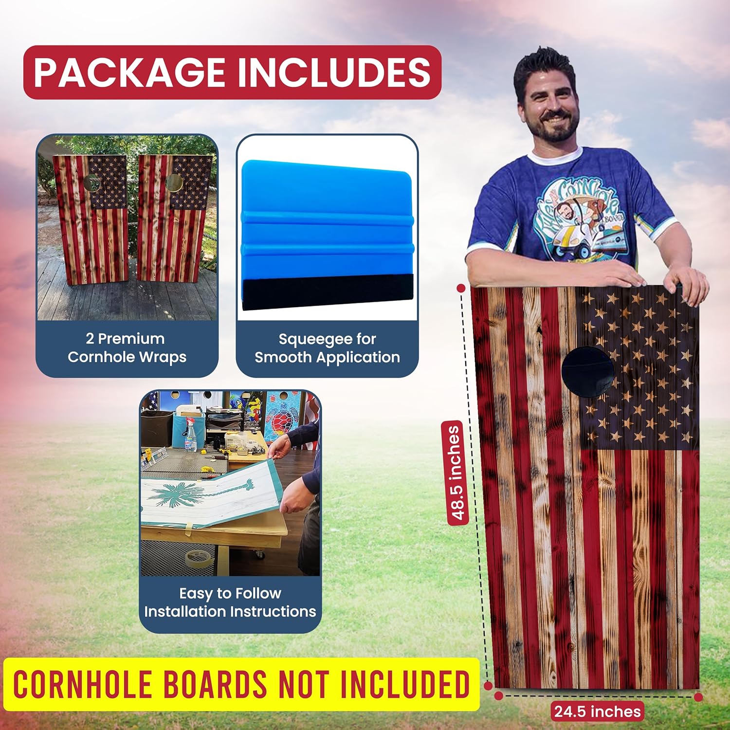 Pair of Corn Hole Wraps | Wooden Worn USA Flag Themed Cornhole Board Wraps Set | Corn Hole Decal Set 48.5x24.5in Waterproof 3M Vinyl Air Release | Laminated & Easy to Apply Wraps for Cornhole Lovers