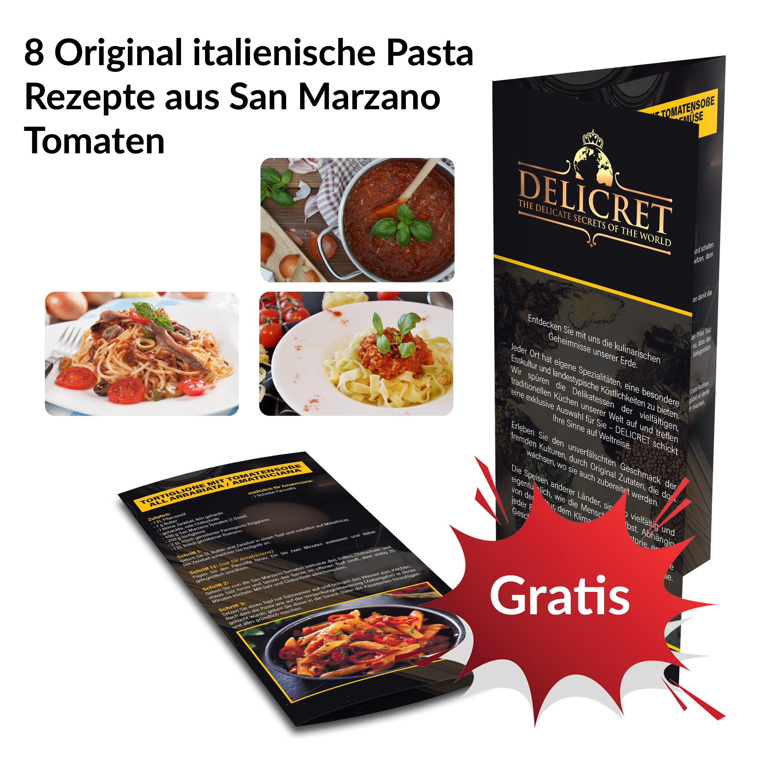 DELICRET - 6x 400g - San Marzano Tomate aus Kampanien"Das rote Gold" | Ganze, geschälte Tomaten im eigenen Saft | +GRATIS DELICRET Oma Rezepte | Zutaten je Dose: Tomaten (65%), Tomatensaft)