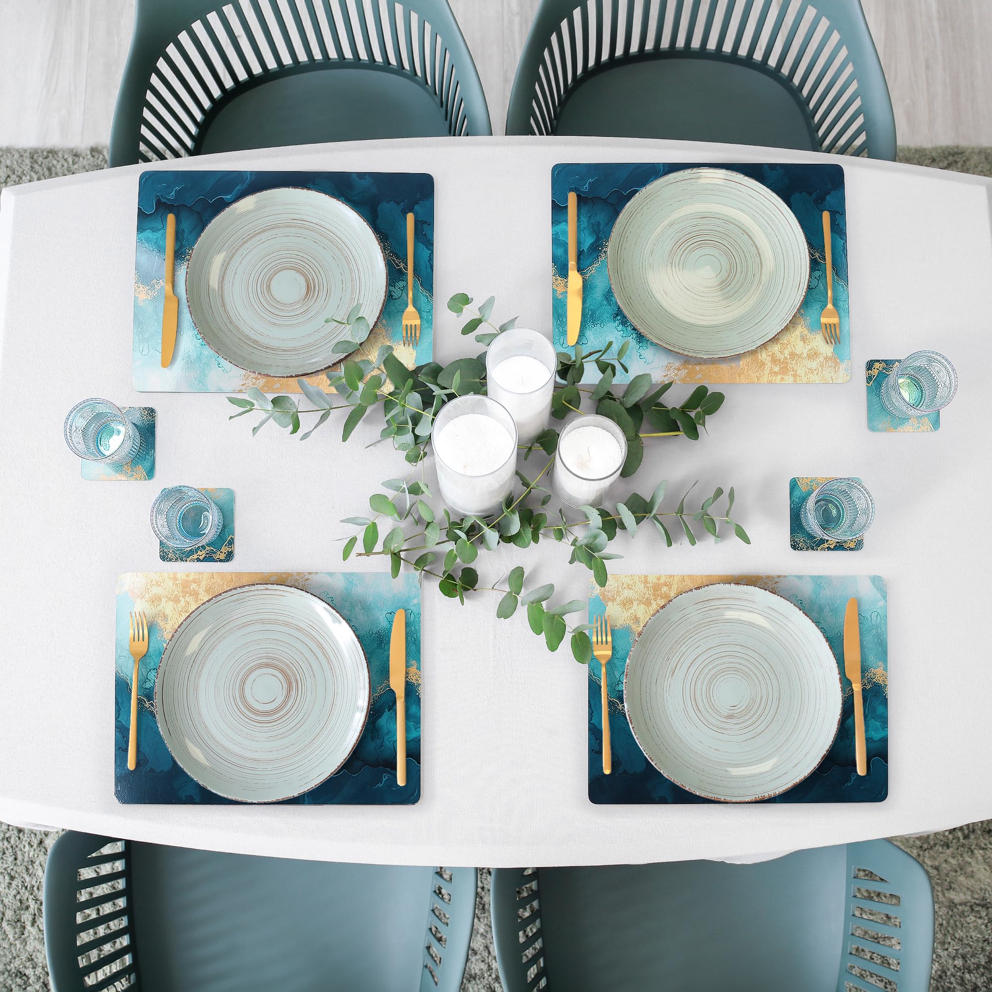 Fanquare Set di 4 Tovagliette Rettangolari in Sughero e Sottobicchieri - Marmo Blu, Impermeabili, Resistenti al Calore per Cucina e Casa, 41 * 31cm