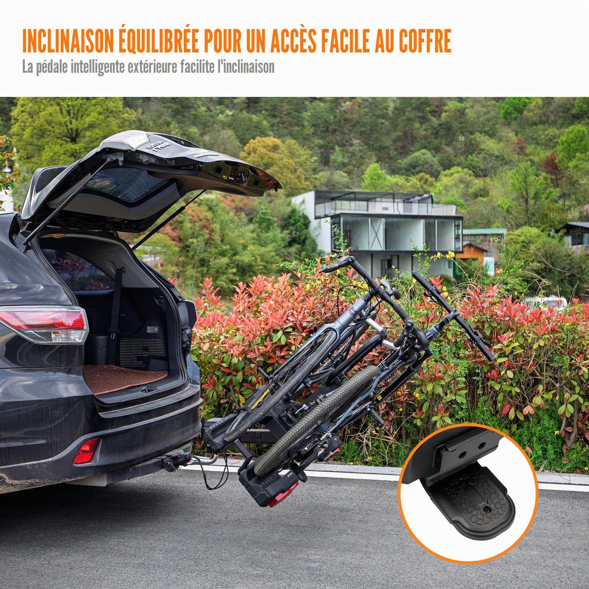 Porte-vélos EBike pour 2 vélos, support arrière pliable et inclinable pour attelage de remorque jusqu'à 60 kg, porte-vélos avec protection antivol, feu arrière et support