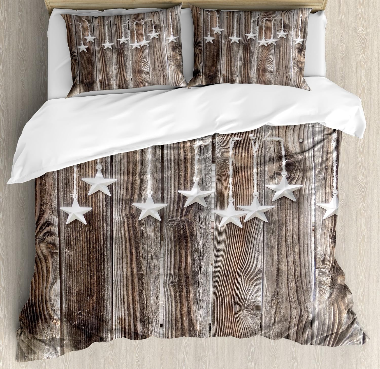 Ambesonne Prehistoric Country Duvet Cover Set, Grey Colored Ornate Stars on Wooden Rustic Fence Cabin Design Print, Decorative 3 Piece Bedding Set with 2 Pillow Shams, King Size, Brown Grey King Brown Grey