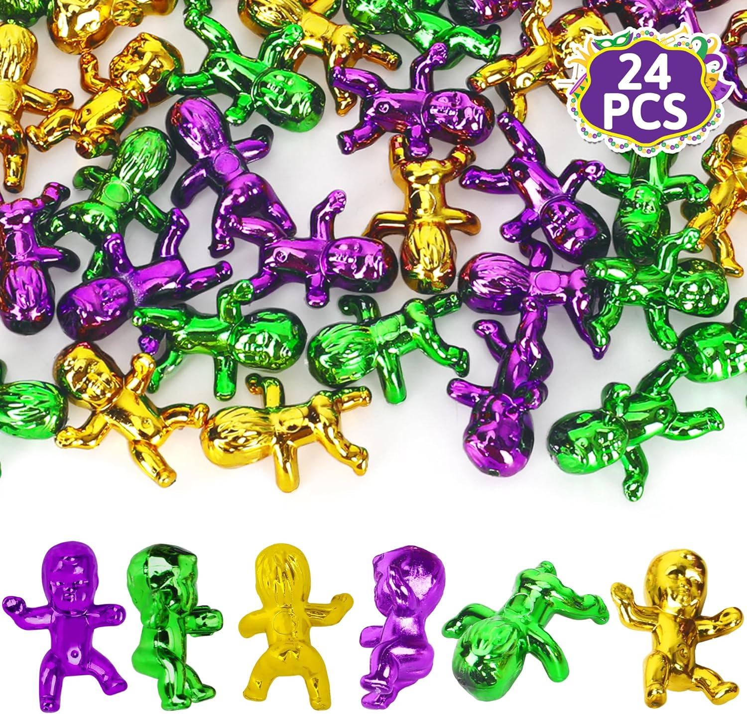 48 PCS King Cake Babies, 1 Inch Mardi Gras King Cake Baby Bulk, Purple Green Gold Plastic Babies for Mardi Gras Baby Shower Favors Ice Cube Game, Small Plastic Party Favors