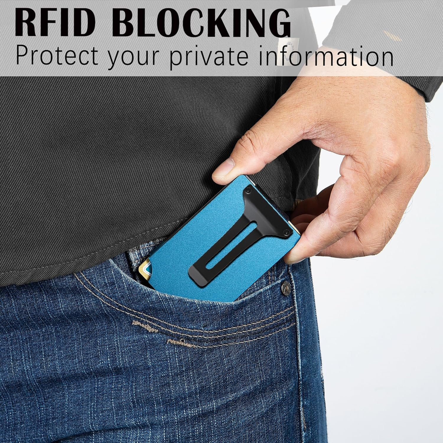 Wallet for Men, Slim Minimalist Carbon Fiber Wallet with Metal Money Clip/Cash Strap, RFID Blocking Aluminum Card Holder,Matt Dark Blue - Image 6