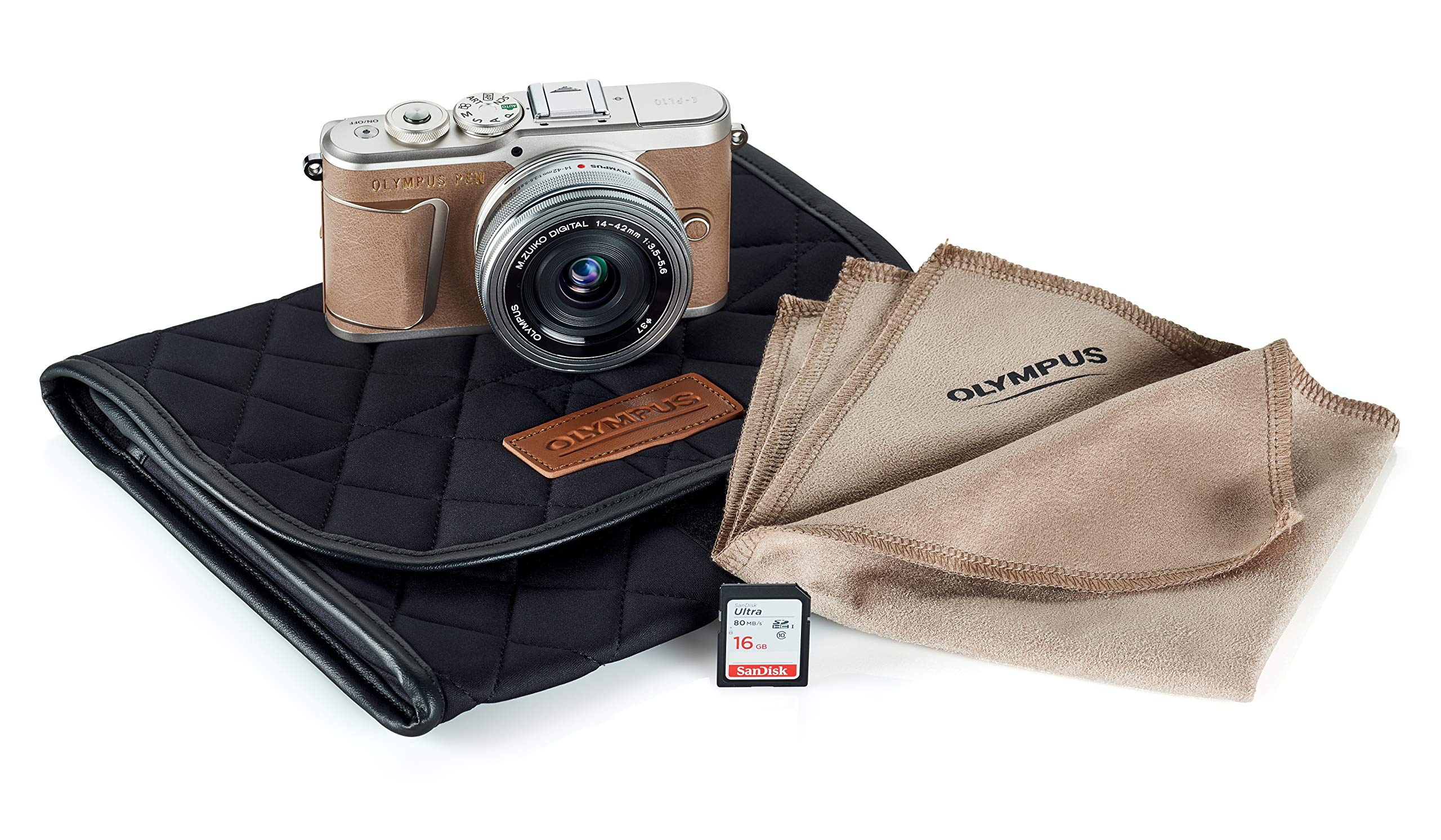 Olympus Corpo de câmera PEN E-PL10 marrom com lente prateada M