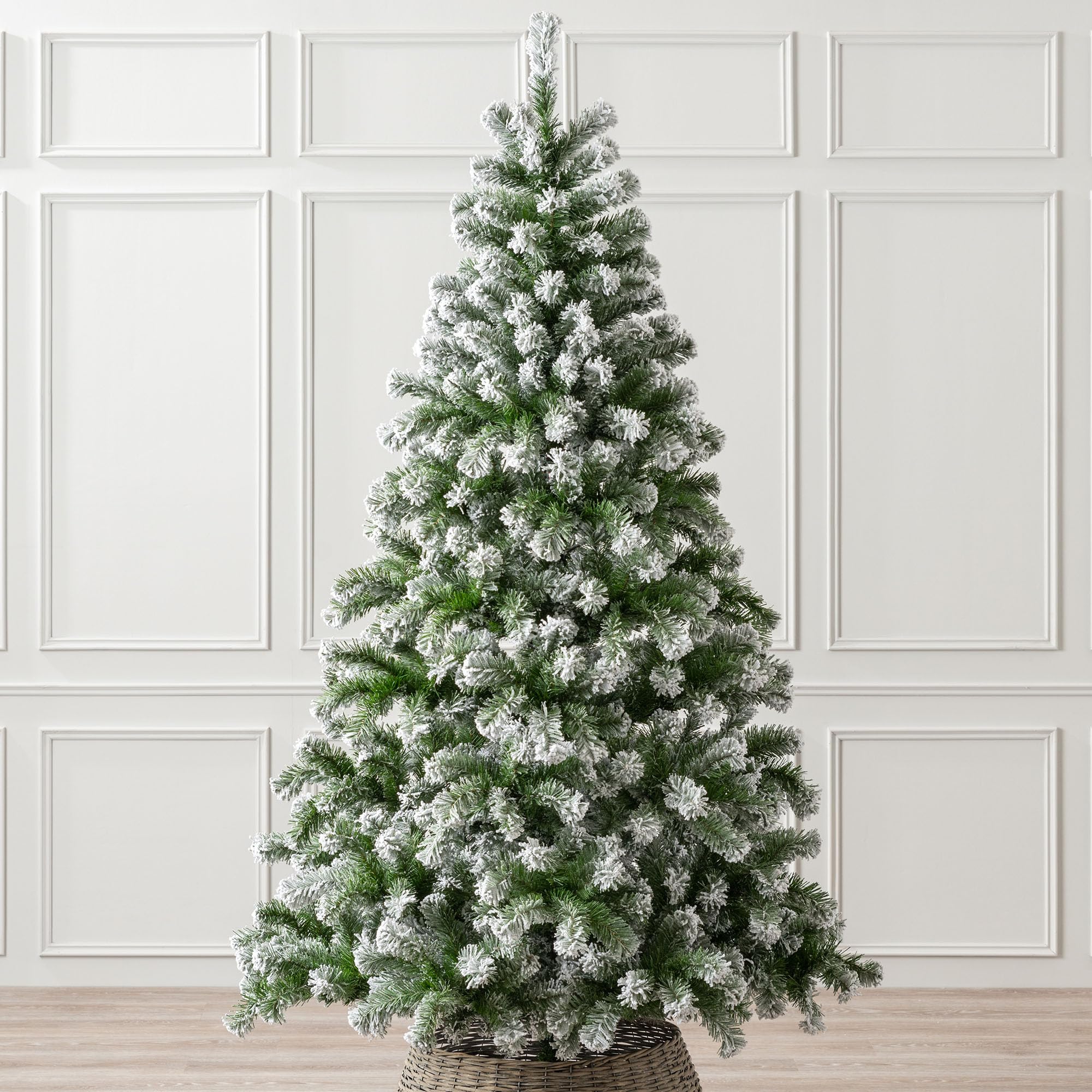 Christow 7Ft - Snowy Spruce Flocked Christmas Tree 7Ft, Snowy Artificial Chamonix Spruce Tree With Bushy Traditional Pvc Tips, Hinged Branches, Slot-Together Poles & Green Metal Stand For Easy Display, 210Cm X 121Cm