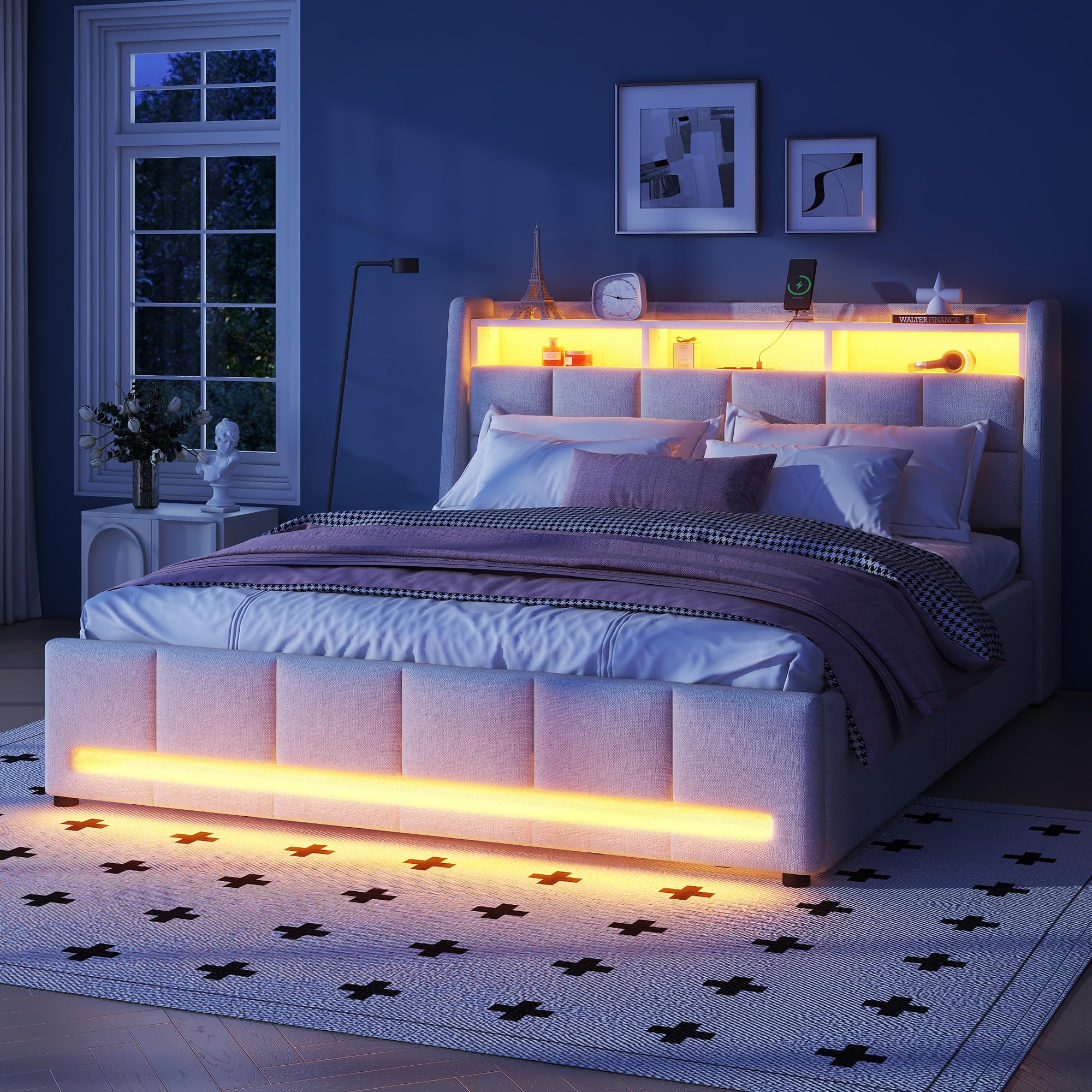 Aoskem Polsterbett Doppelbett 140x200 cm, LED-Bett mit 2 Schubladen, Kopfteil mit Stauraum & USB-Buchse, Stauraumbett Bettgestell mit Lattenrost, Funktionsbett Flachbett, Ohne Matratze, Leinen Beige
