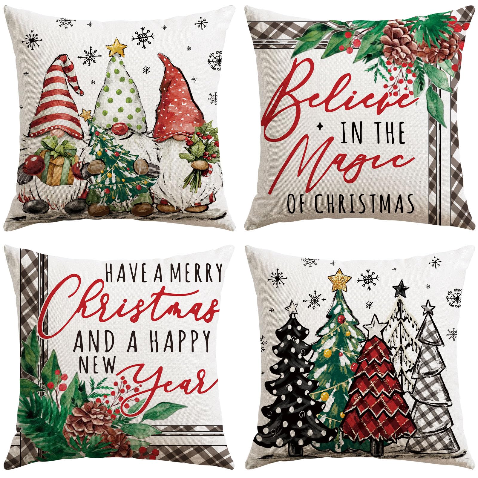 JOTOM Christmas Cushion Covers 40x40 cm Set of 4 Winter Holiday Decorative Throw Pillow Covers Sofa Merry Christmas Cushion Cases Xmas Trees Decoration for Home Couch Decor (Dwarf Xmas Trees Black)