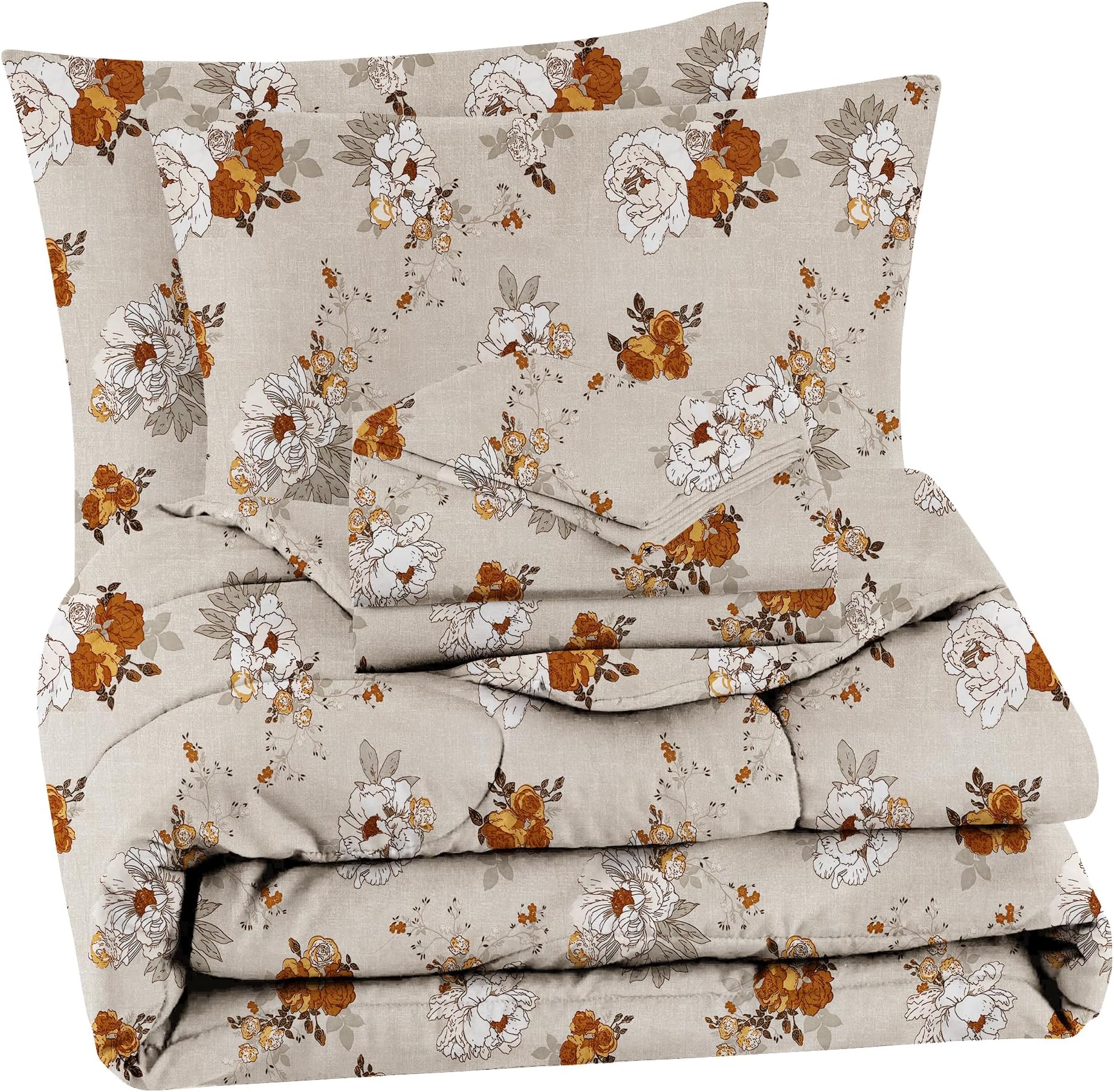 BSB Home Microfiber 220 GSM Glace Cotton AC Comforter Set King Size Double Bed with 1 Flat bedsheet-90x100 inch and Two Pillow Covers II 4 pc Bedding Set- Off White and Brown
