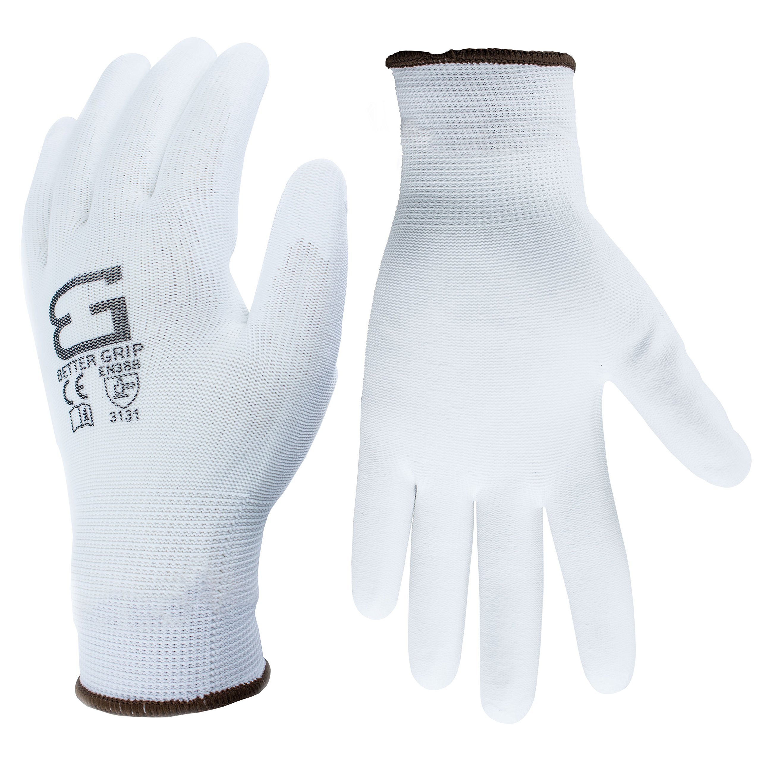 Better Grip BGSPU-WH-9 Ultra-Thin Polyurethane Palm Coated Glove, Nylon/Polyester Shell, White (Large, 6 pairs)