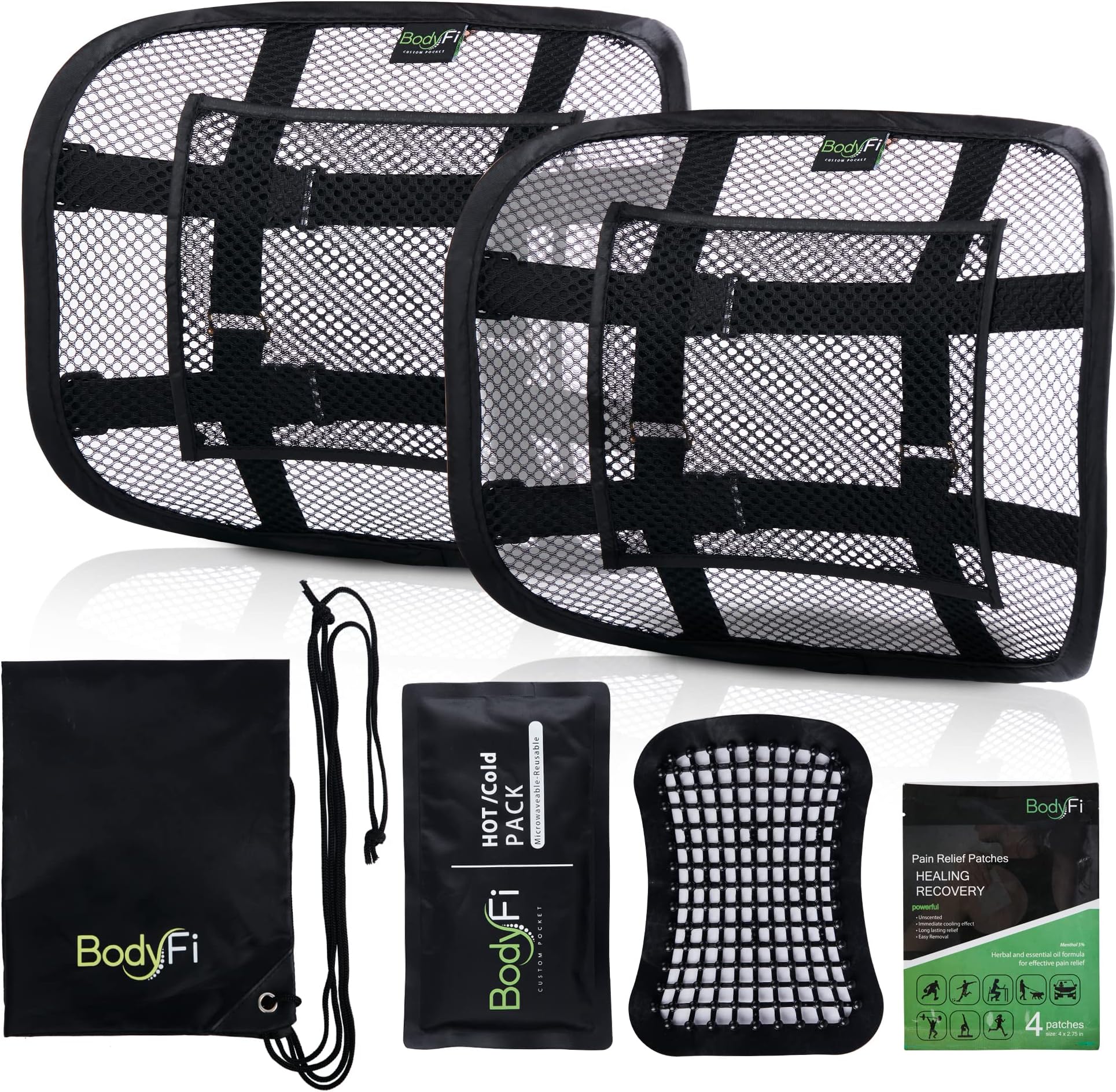 Mesh Back Support for Office Chair and Car Lumbar (2 Pack + Bundle) - Custom Pocket Design Allows for Hot & Cold Pain Relief Gel Pack