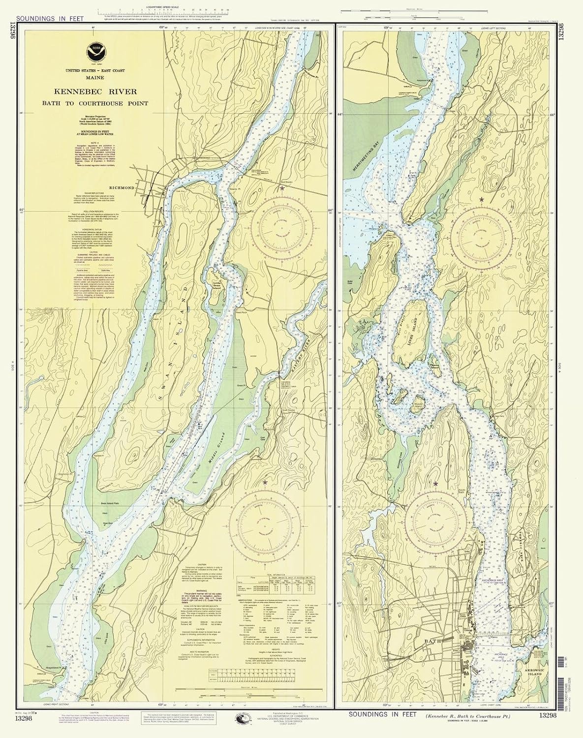 Historic Pictoric Map - Kennebec River - Bath to Courthouse Point, 1998 Nautical NOAA Chart - Maine (ME) - Vintage Wall Art - 18in x 24in