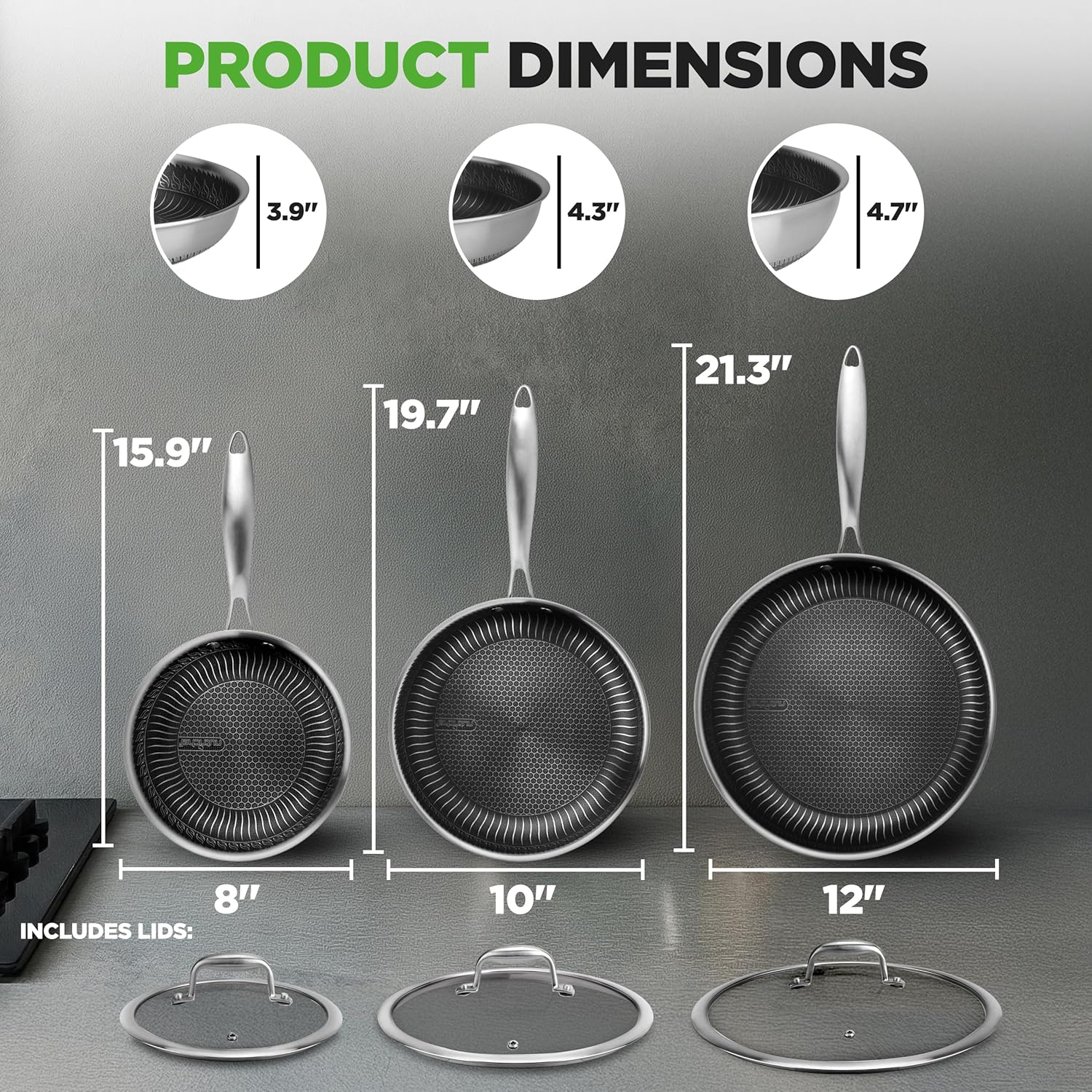 NutriChef 6-Piece Tri-Ply Stainless Steel Frying Pan Set – 8", 10", 12" Non-Stick Skillets with Lids, Induction Compatible, Oven Safe, Scratch-Resistant, Dishwasher Safe - Image 2