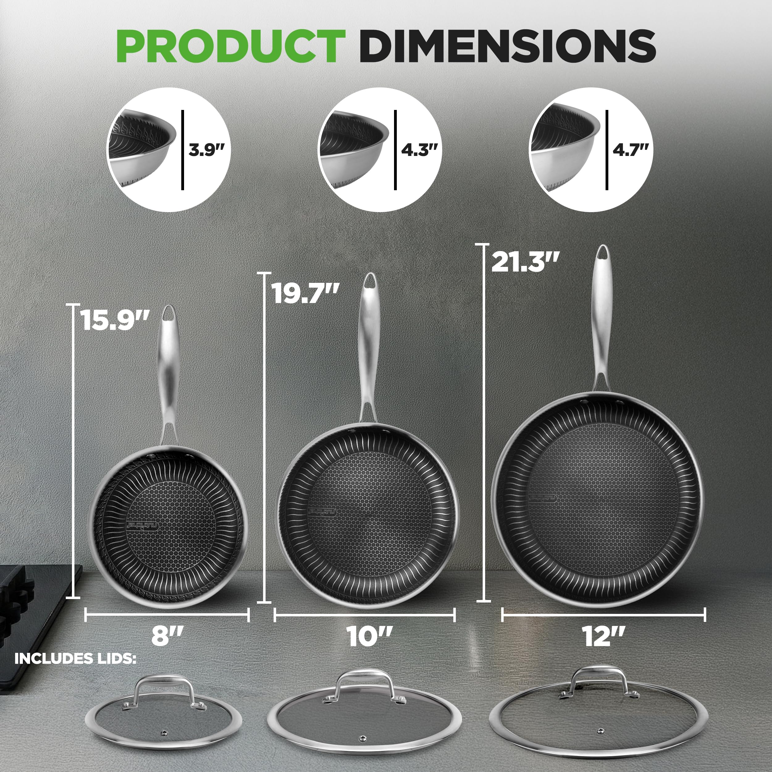 NutriChef Zestaw 6 patelni ze stali nierdzewnej Tri-Ply – Patelnia nieprzywierająca 8", 10", 12" z pokrywkami, odpowiednia do indukcji, odporna na wysoką temperaturę, odporna na zarysowania