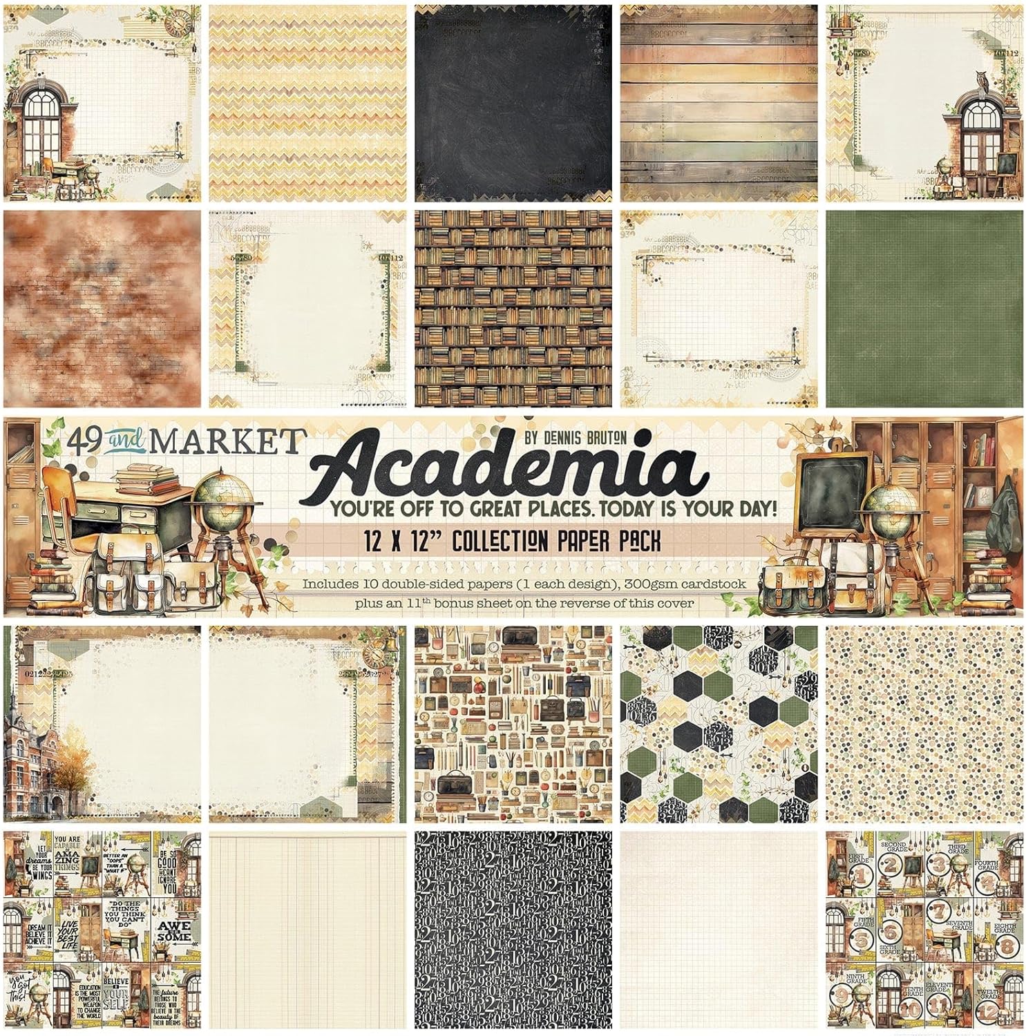 49 And Market Academia 12"x12" Scrapbook Paper Collection Pack – Scholarly and Vintage Designs for Graduation, Milestones, and Creative Projects – 10 Sheets Included