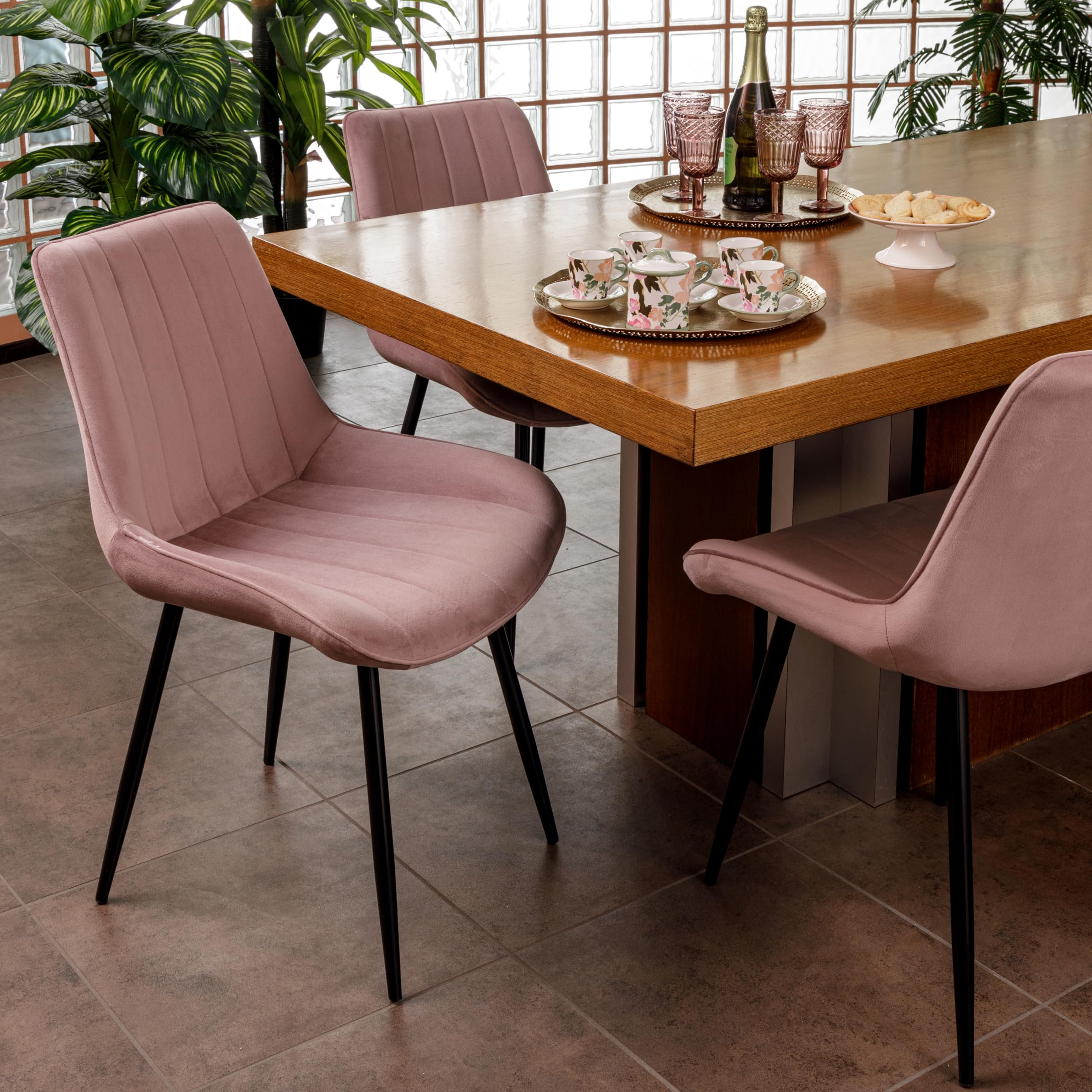 Baroni Home Sedia da Pranzo Moderna con Rivestimento in Velluto e Gambe in Acciaio Nero, Poltrona da Soggiorno, Camera da Letto, Sala da Pranzo, Rosa Cipria, 53x86x44 cm