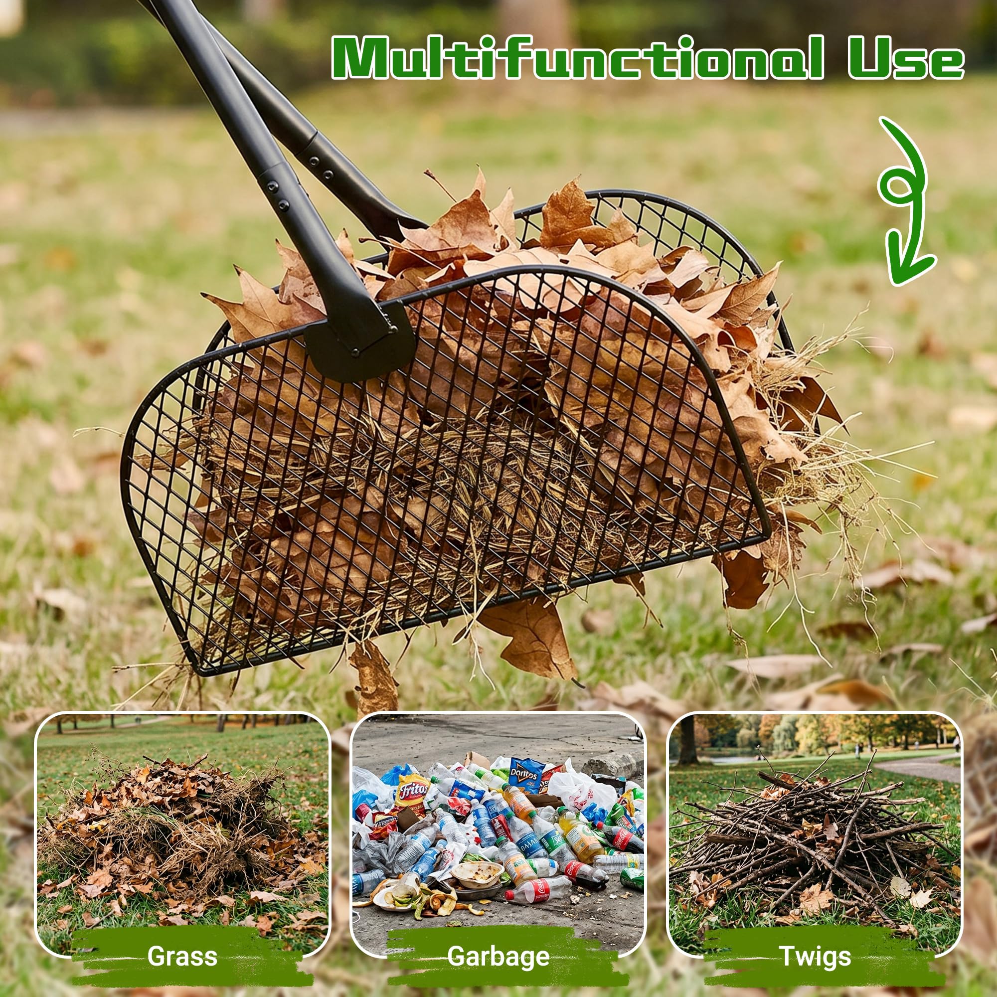 Rastrello per raccogliere foglie in metallo leggero con manico lungo, raccoglie foglie per giardinaggio, raccolta rifiuti e erba superiore, non si piega, Regno Unito