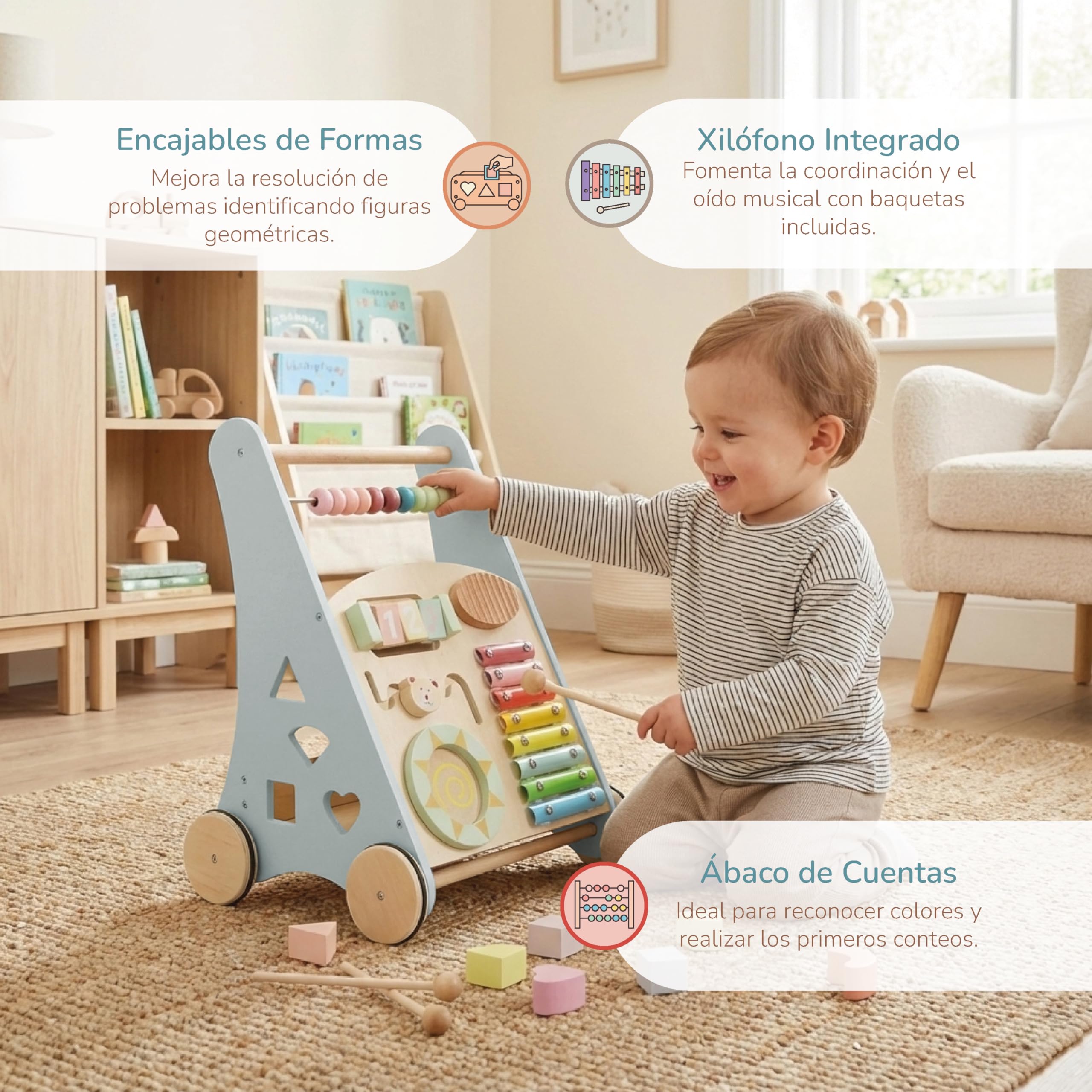 Buddy Baby - Andador de Madera Montessori - Desde 12 meses - Panel interactivo (xilófono, puzzle, espejo, engranajes) - Cajón trasero - Ruedas goma antideslizantes - No daña el suelo