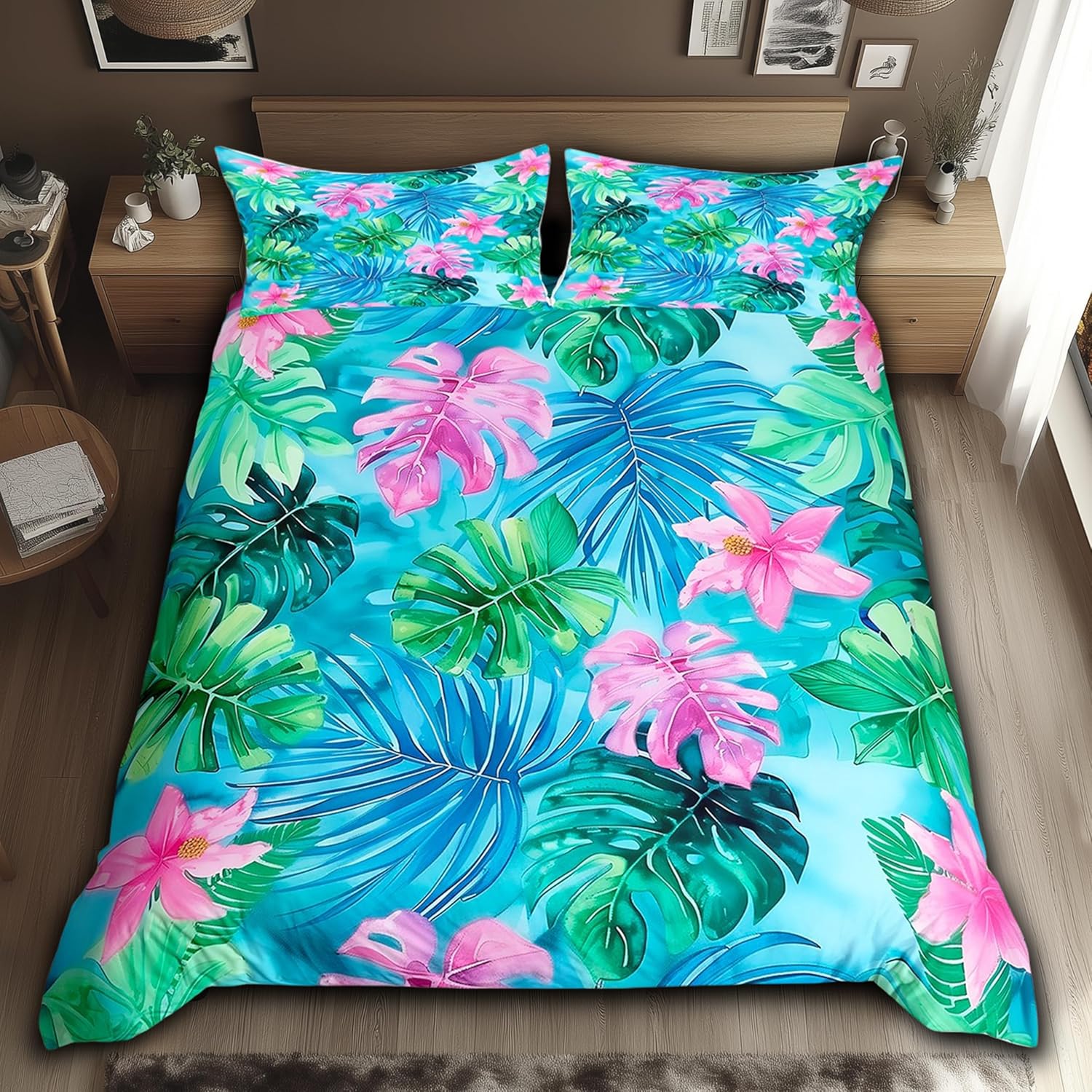 Castle Fairy Tropical Summer Duvet Cover Twin Size for Kids Boys Girls Teens,Palm Leaves Green and Pink 2 Pieces Duvet Cover,Watercolor Flowers Hawaii Themed Soft Comforter Cover (Not Comforter)