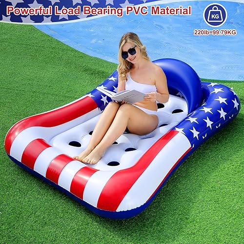 Miniatura 3 de Flotador grande de piscina de bronceado de 71 x 50 pulgadas con reposacabezas, flotadores inflables patrióticos para adultos, bandera