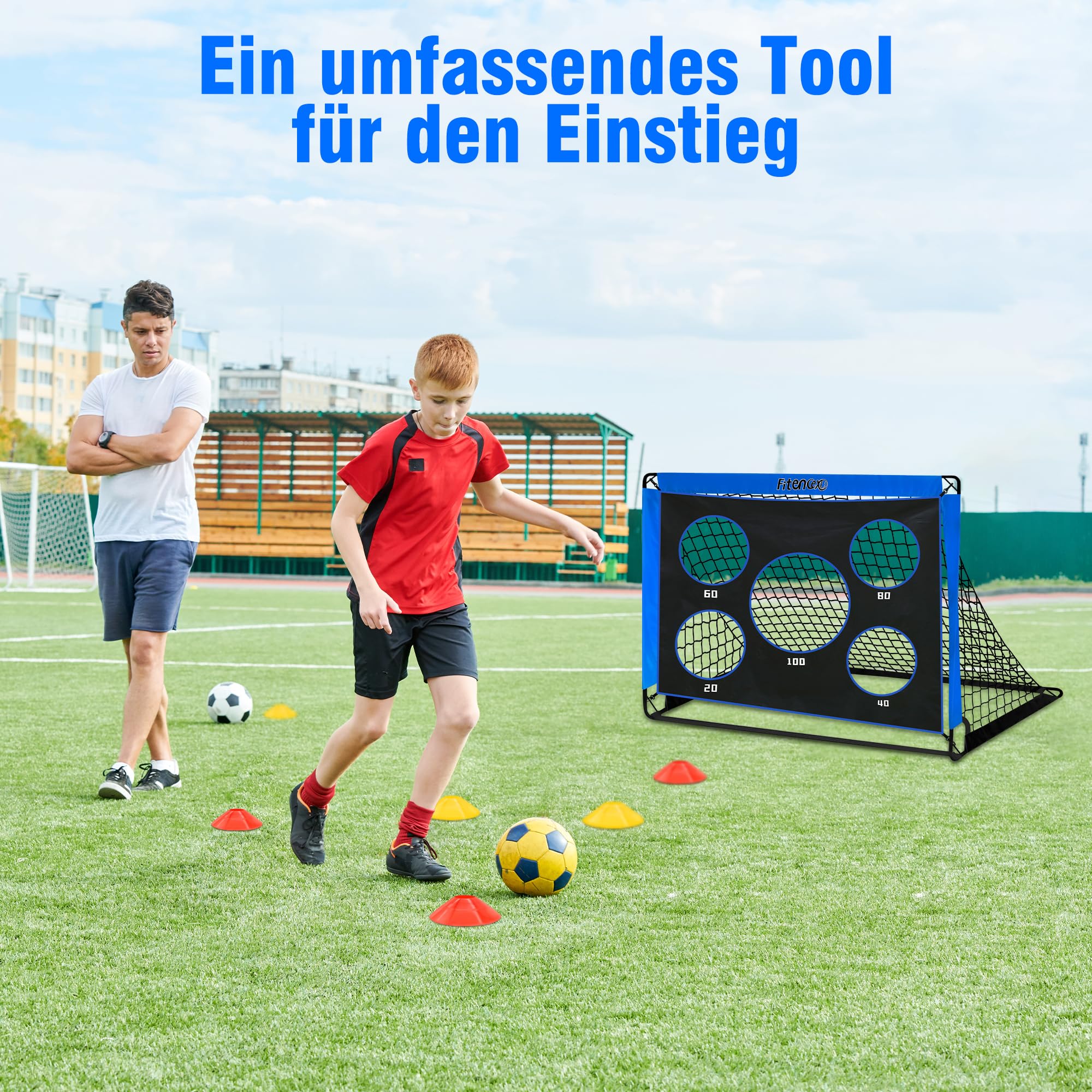Set porta da calcio per bambini, con 5 fori e 3 bersagli, pieghevole, 120 x 90 cm, 6 ostacoli per l'allenamento per giardino/esterni, con borsa per il trasporto e ancoraggio a terra