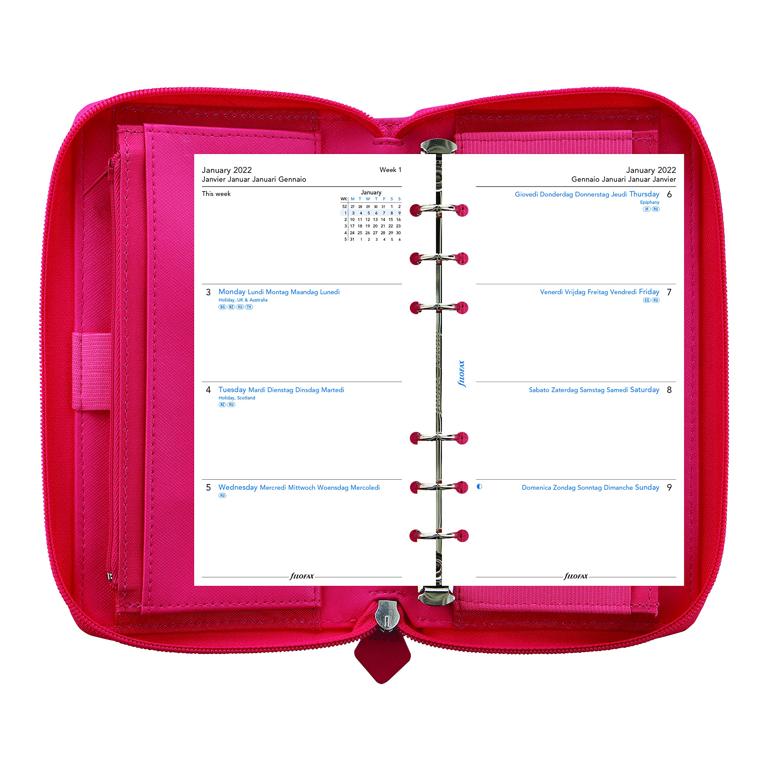 Filofax Saffiano Zipper Organiser, Personal Compact Size, Aquamarine - Crossover Grain Leather Look Six Rings Week To View Calendar 2022 (C022536-22 - View #4
