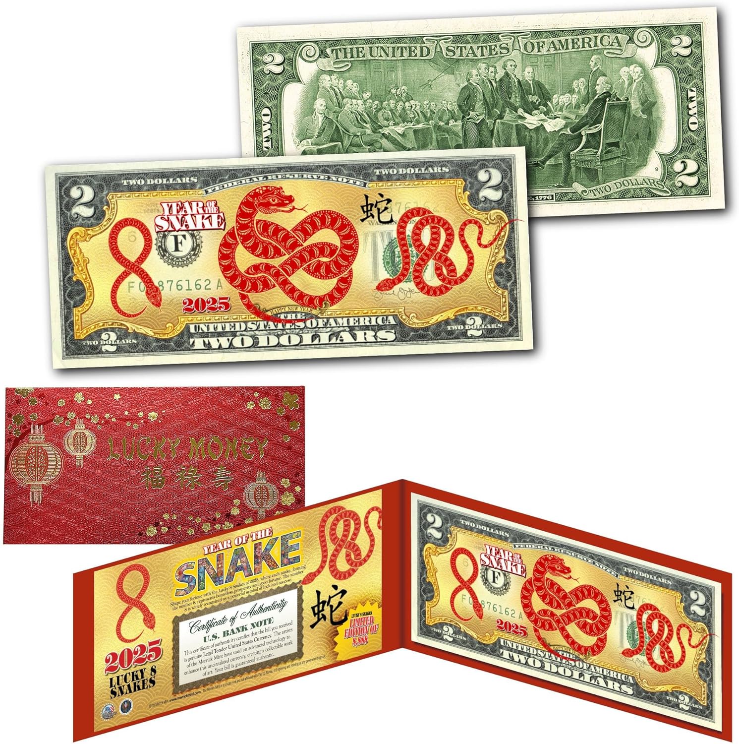 Lucky 8-Shaped Snakes 2025 Chinese Lunar New Year of The Snake Uncirculated Two Dollar Bill Special Edition with Both Collectible Red Hard Foilo Display & Red Envelope - Image 2