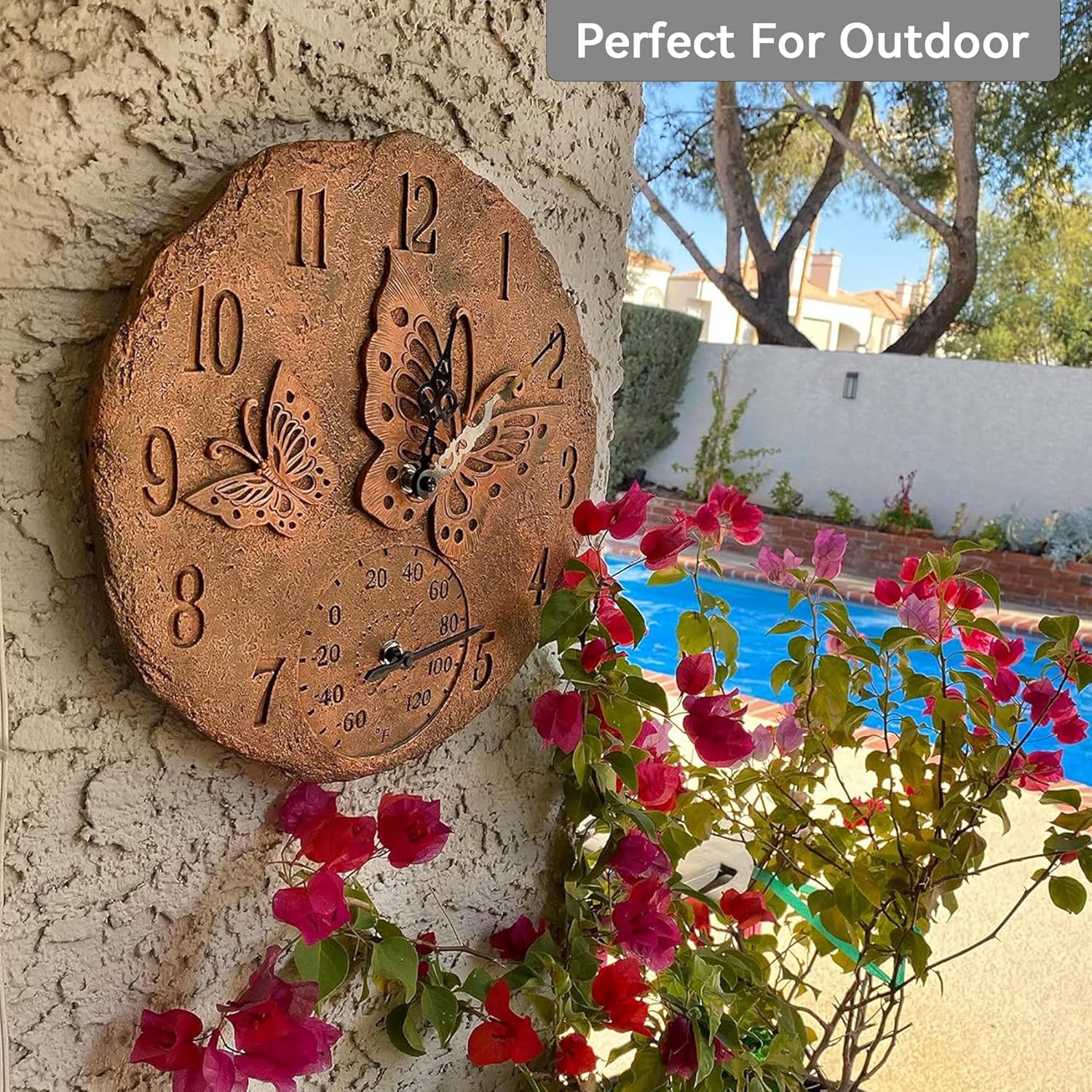 Lily's Home Hanging Wall Clock, Includes a Thermometer, Ideal for Indoor and Outdoor Use, Wonderful Housewarming Gift for Friends, or for Any Butterflies Lovers, Polyresin