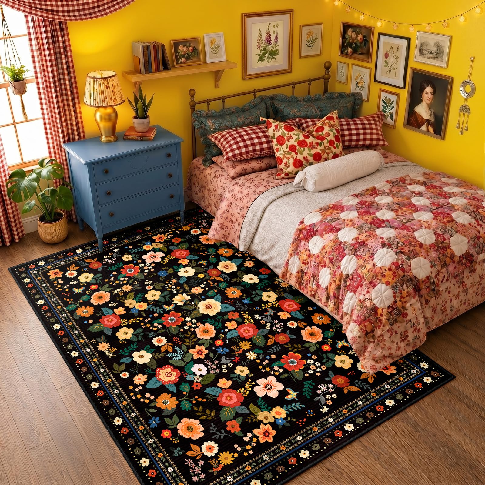 INOVADAY Washable Rug Floral Print 120x180 cm Black Living Room Rug