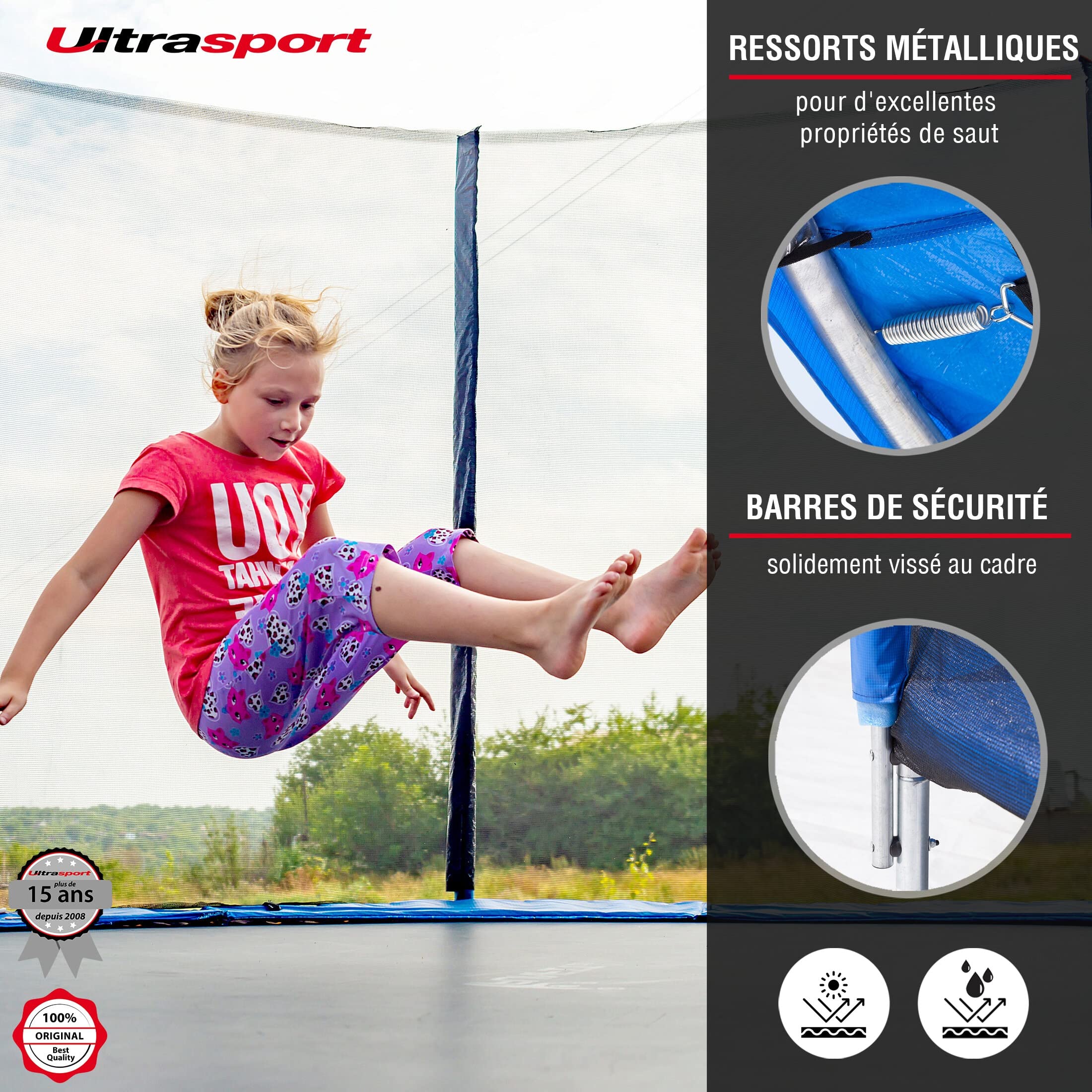 Klarfit Trampoline Avec Filet De Protection, Trampoline Exterieur Enfant, Echelle Stable, Toile Résitante Aux UV, Petit Trampoline Compact Enfants, Trempoline Ext Jeu De Jardin Pour Enfants, 250 Cm